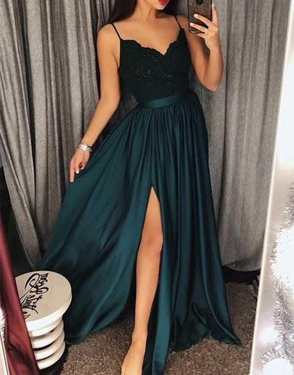 Beautiful Spaghetti-Straps Lace Appliques Prom Dress Long With Split