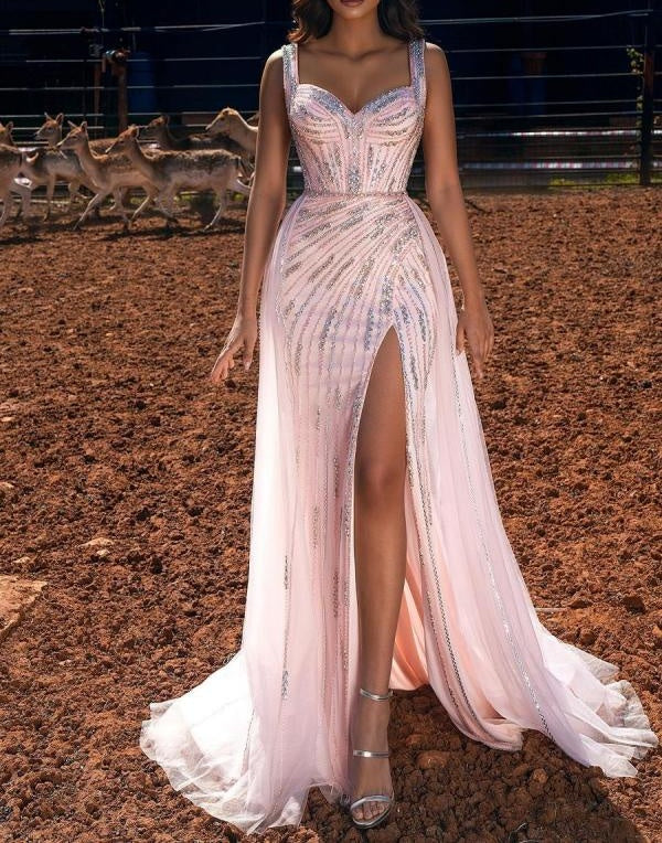 Pink Straps Sweetheart Long Prom Dress Mermaid Ruffles Evening Gowns With Slit