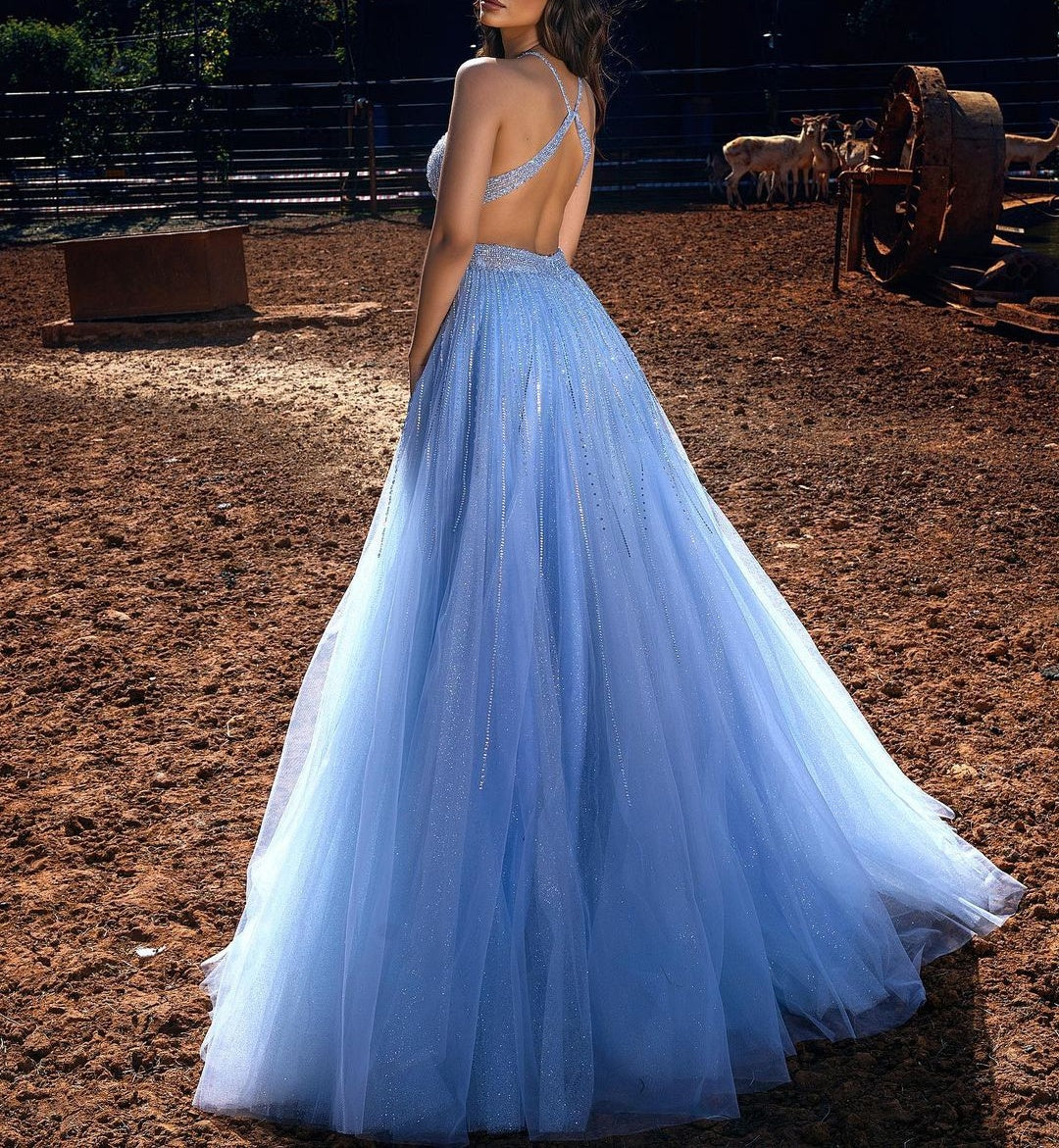 Blue Halter Beadings Long Prom Dress Tulle Evening Party Gowns