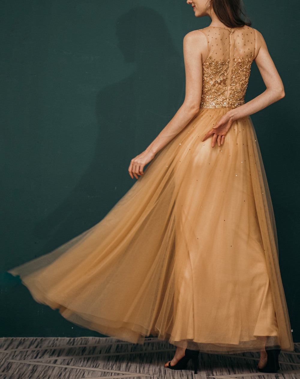 Gold Illusion neck Beaded Appliques Prom Dress