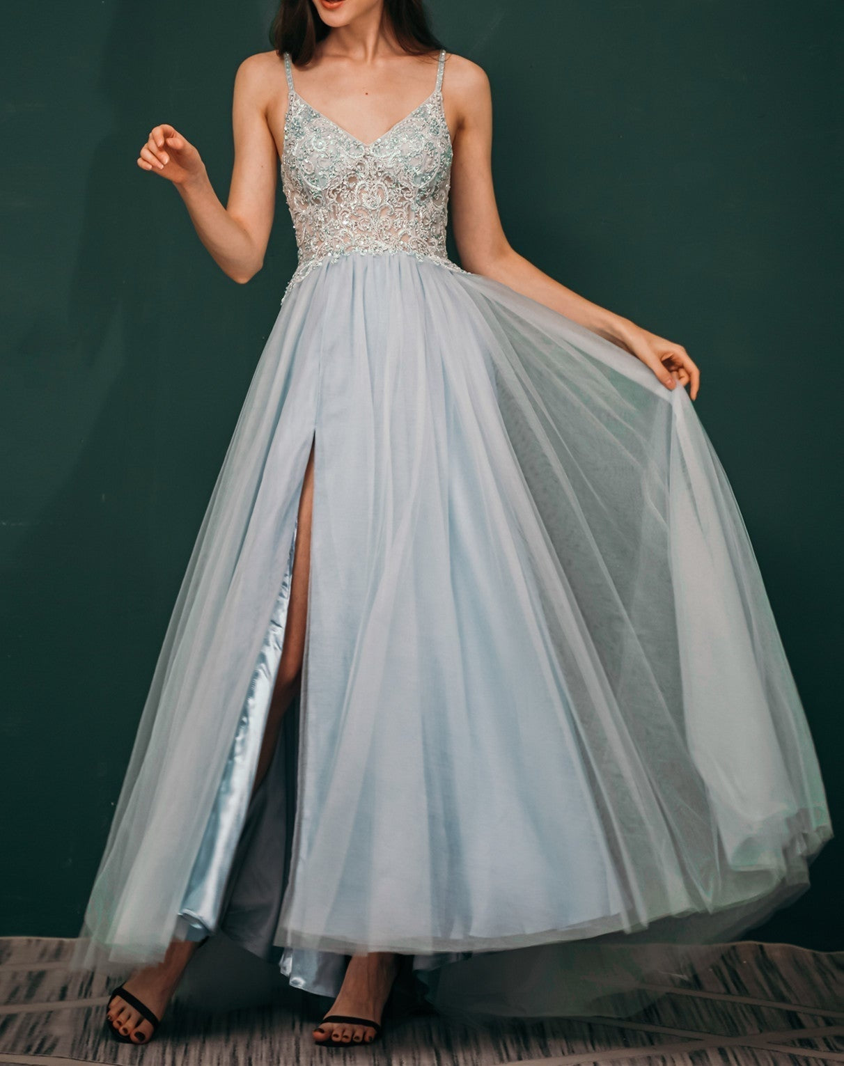 Light blue See-through Sparkle Appliques Prom Dress
