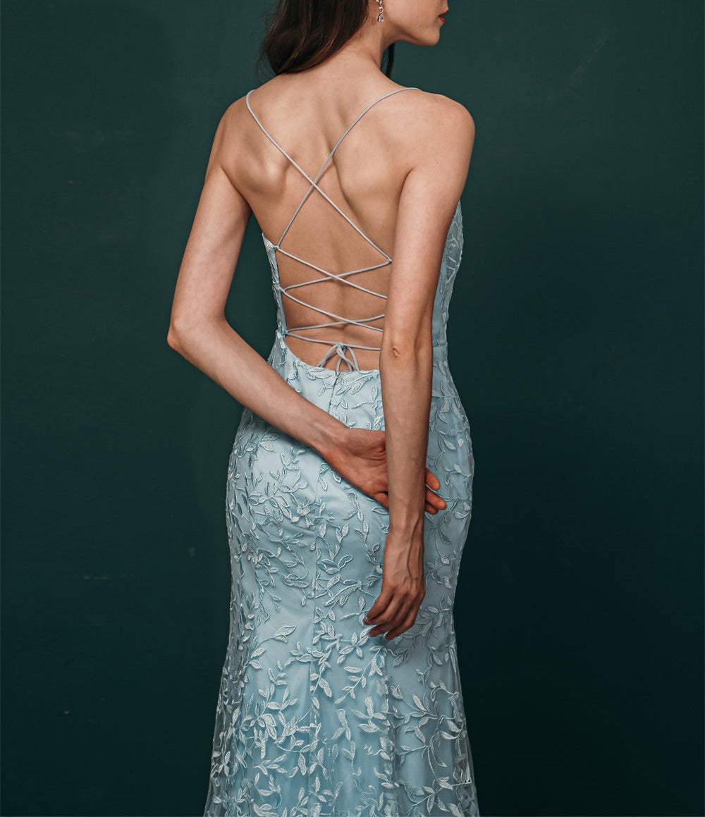 Sky blue Lace Criss-cross back Mermaid Prom Dress