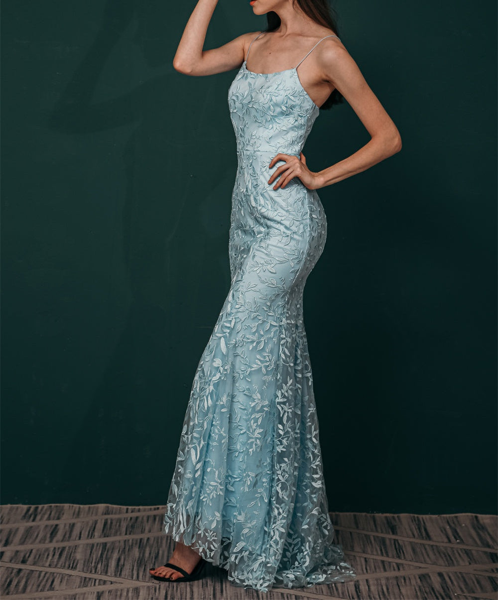 Sky blue Lace Criss-cross back Mermaid Prom Dress