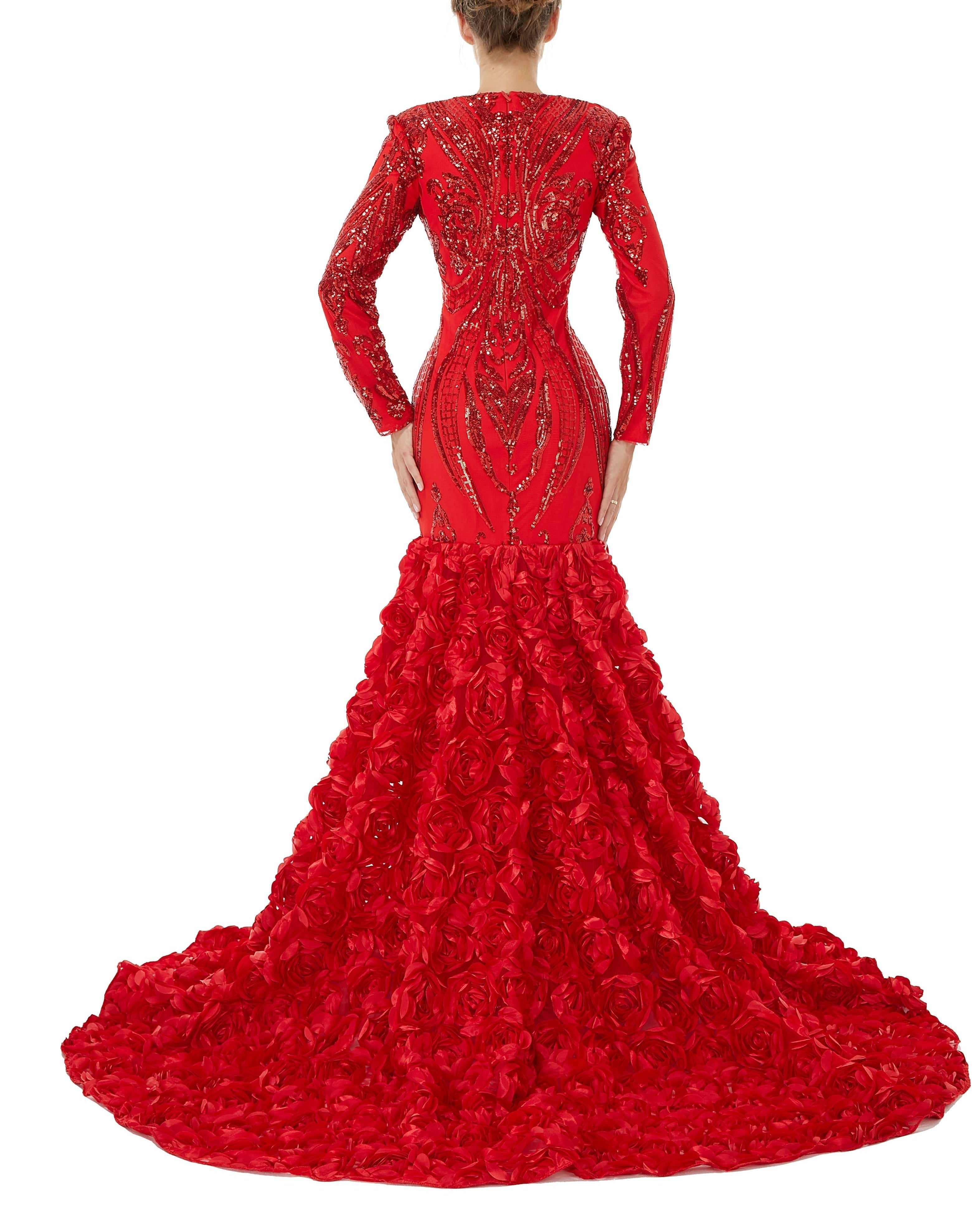 Sexy Sparkle Red Long sleeves V-neck Flowers Prom Dress | ombreprom Real Shooting