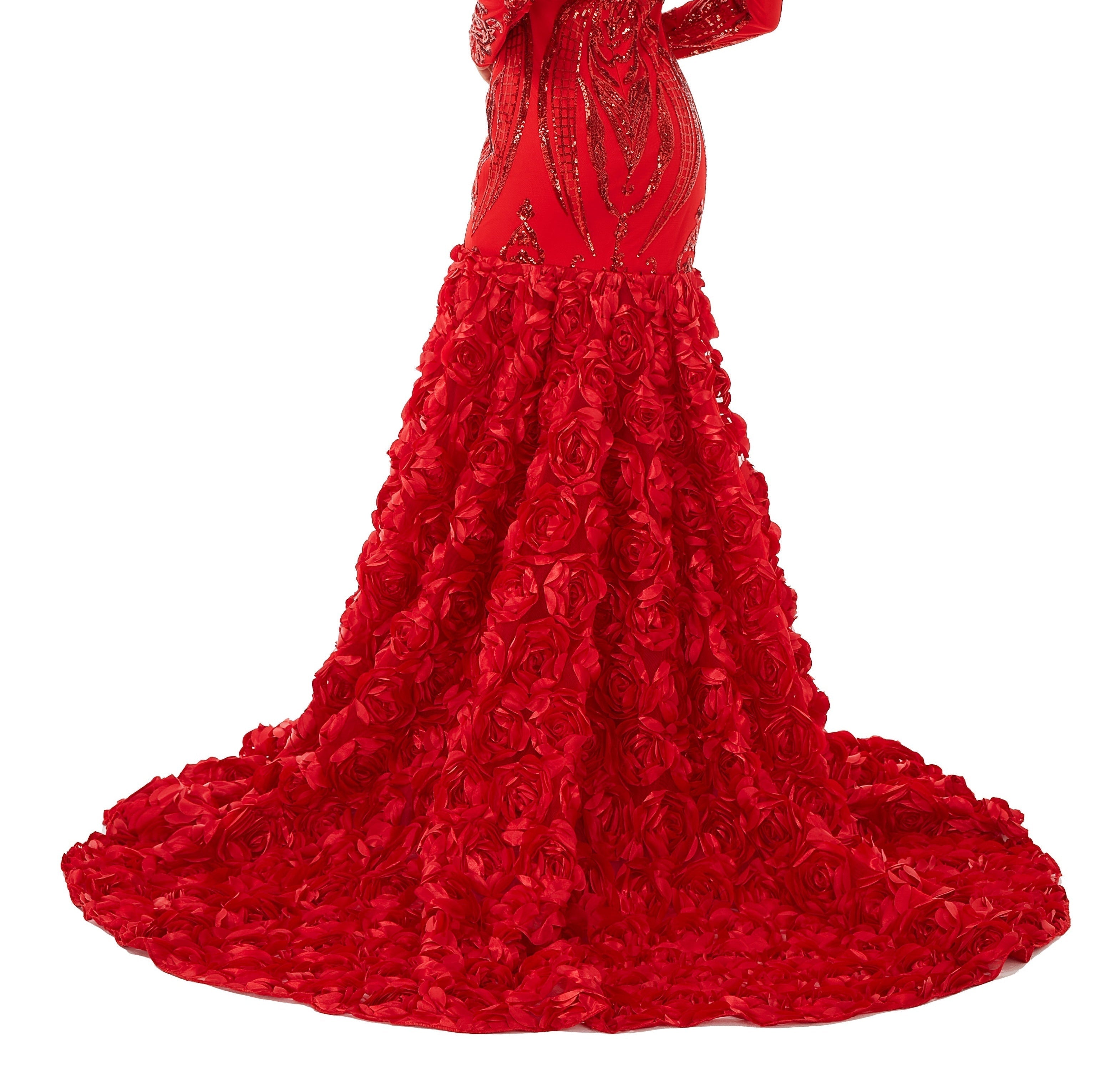 Sexy Sparkle Red Long sleeves V-neck Flowers Prom Dress | ombreprom Real Shooting