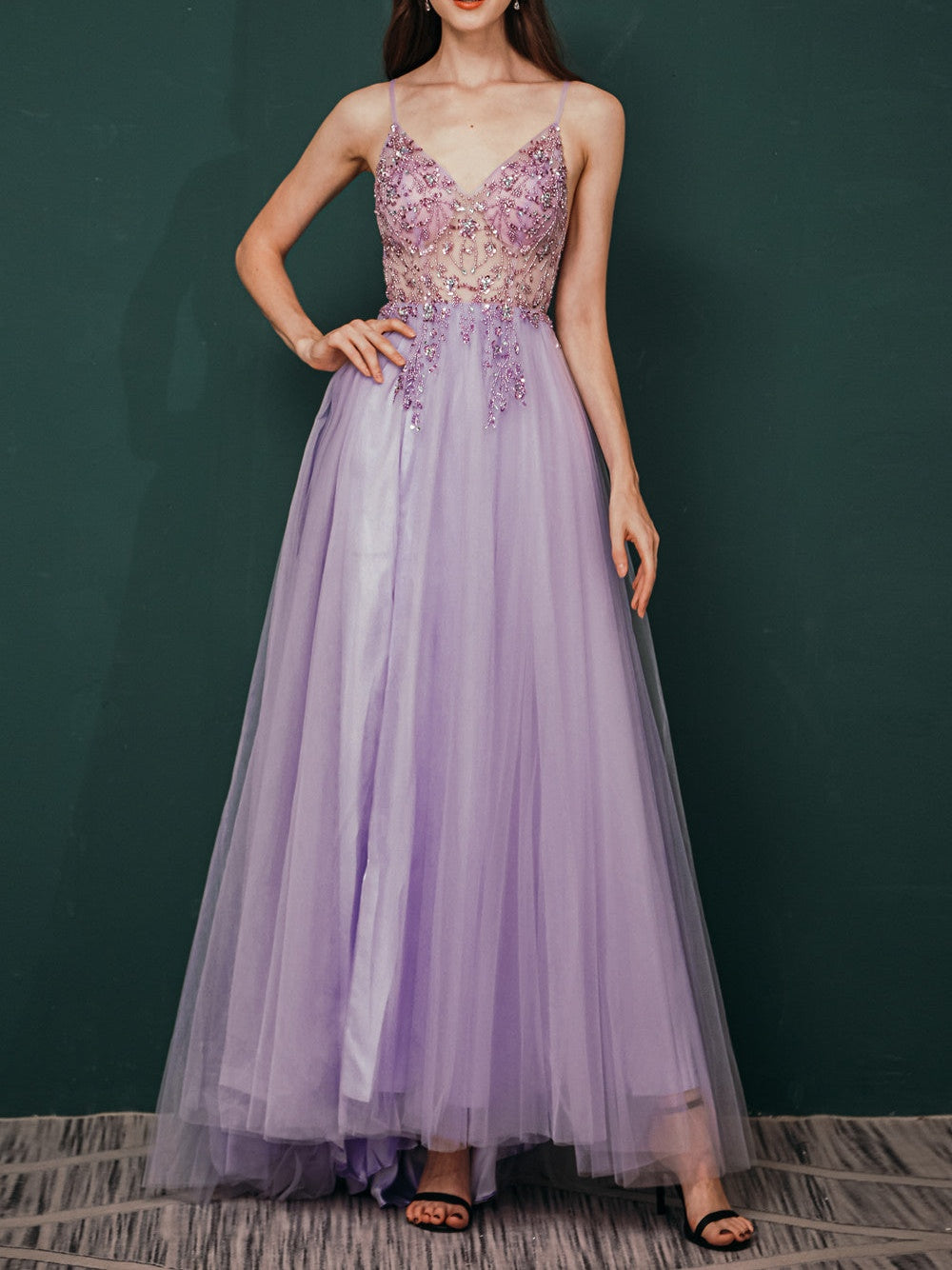 Sparkle Lilac Tulle High-split Spaghetti Strap Prom Dress