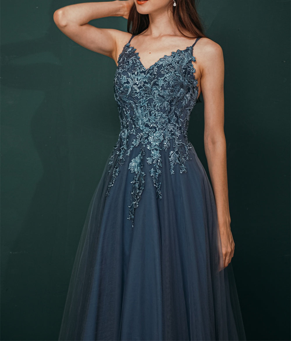 Unique Dusty Blue Tulle A-line Low back Spaghetti-strap Prom Dress