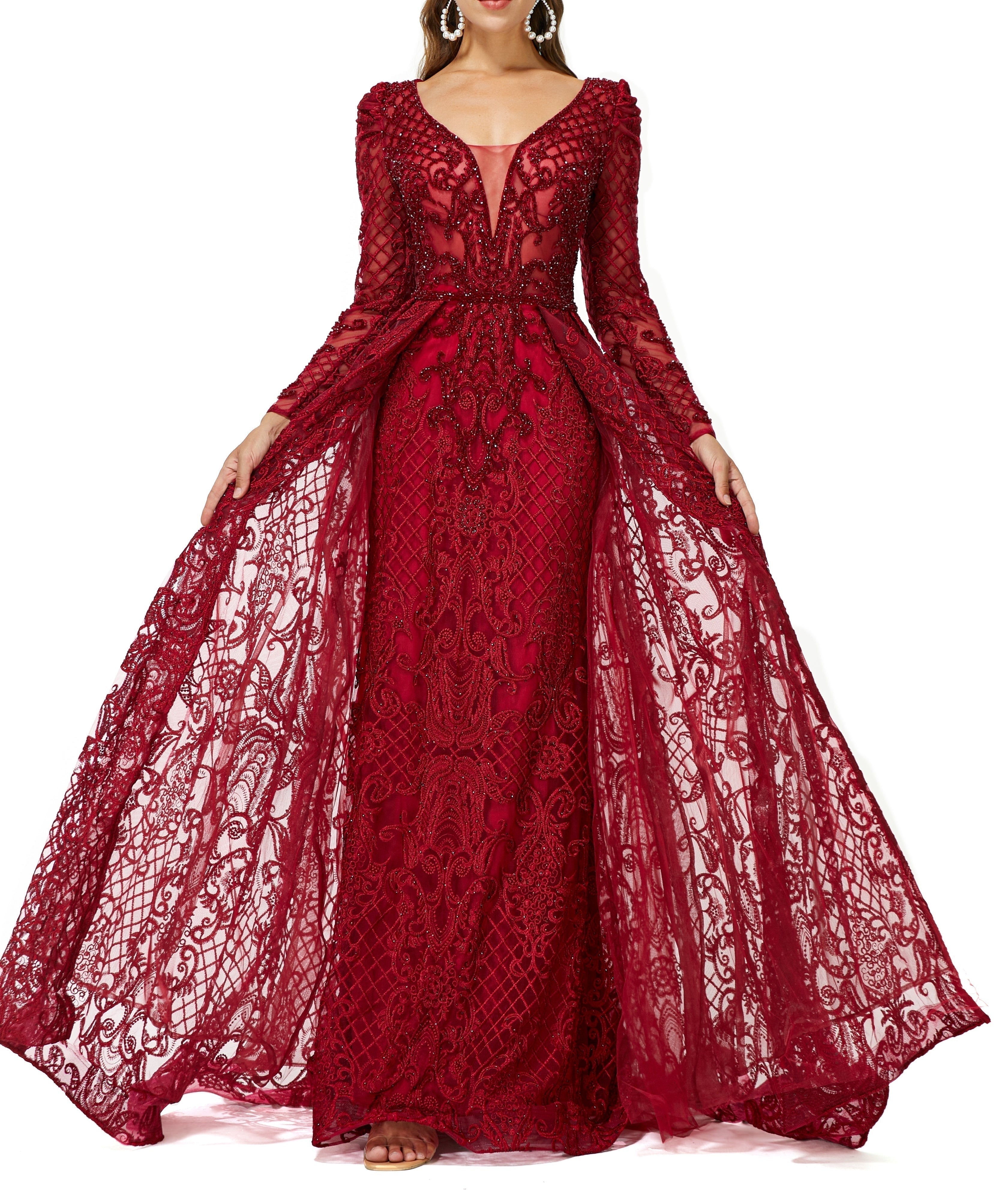 ombreprom Design | Sparkle Beaded Wine Red Long Sleeves Prom Dresses