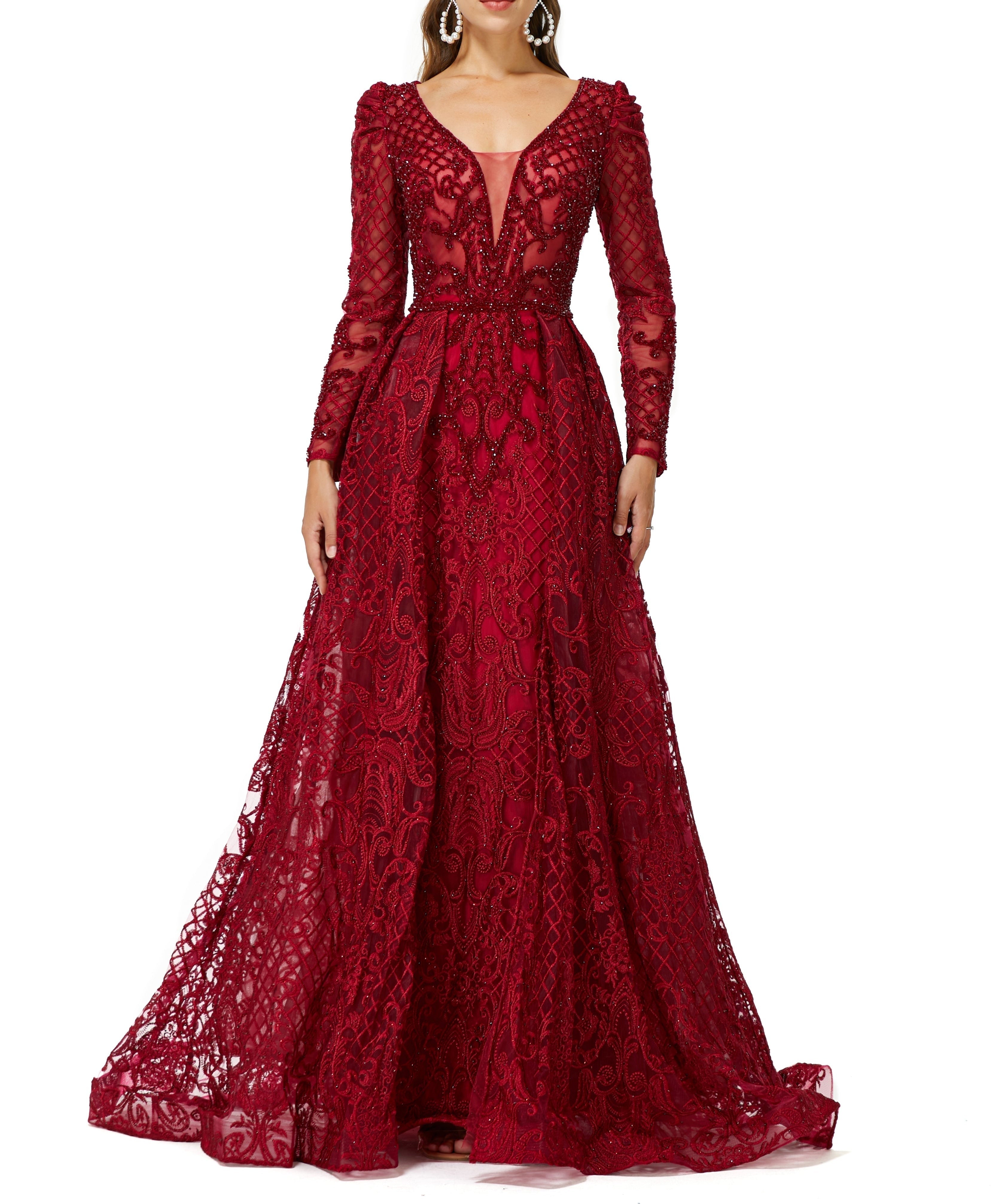 ombreprom Design | Sparkle Beaded Wine Red Long Sleeves Prom Dresses