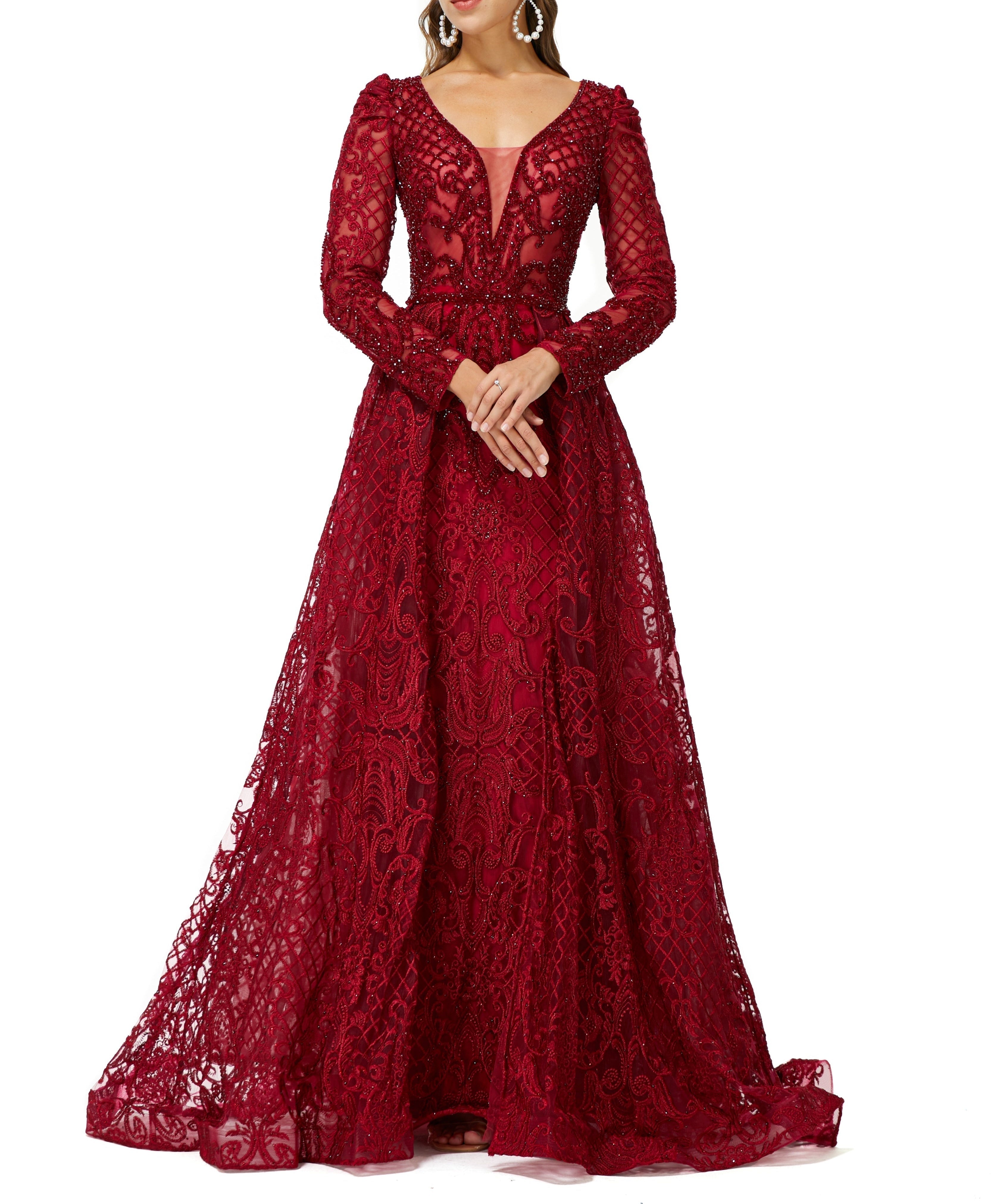 ombreprom Design | Sparkle Beaded Wine Red Long Sleeves Prom Dresses