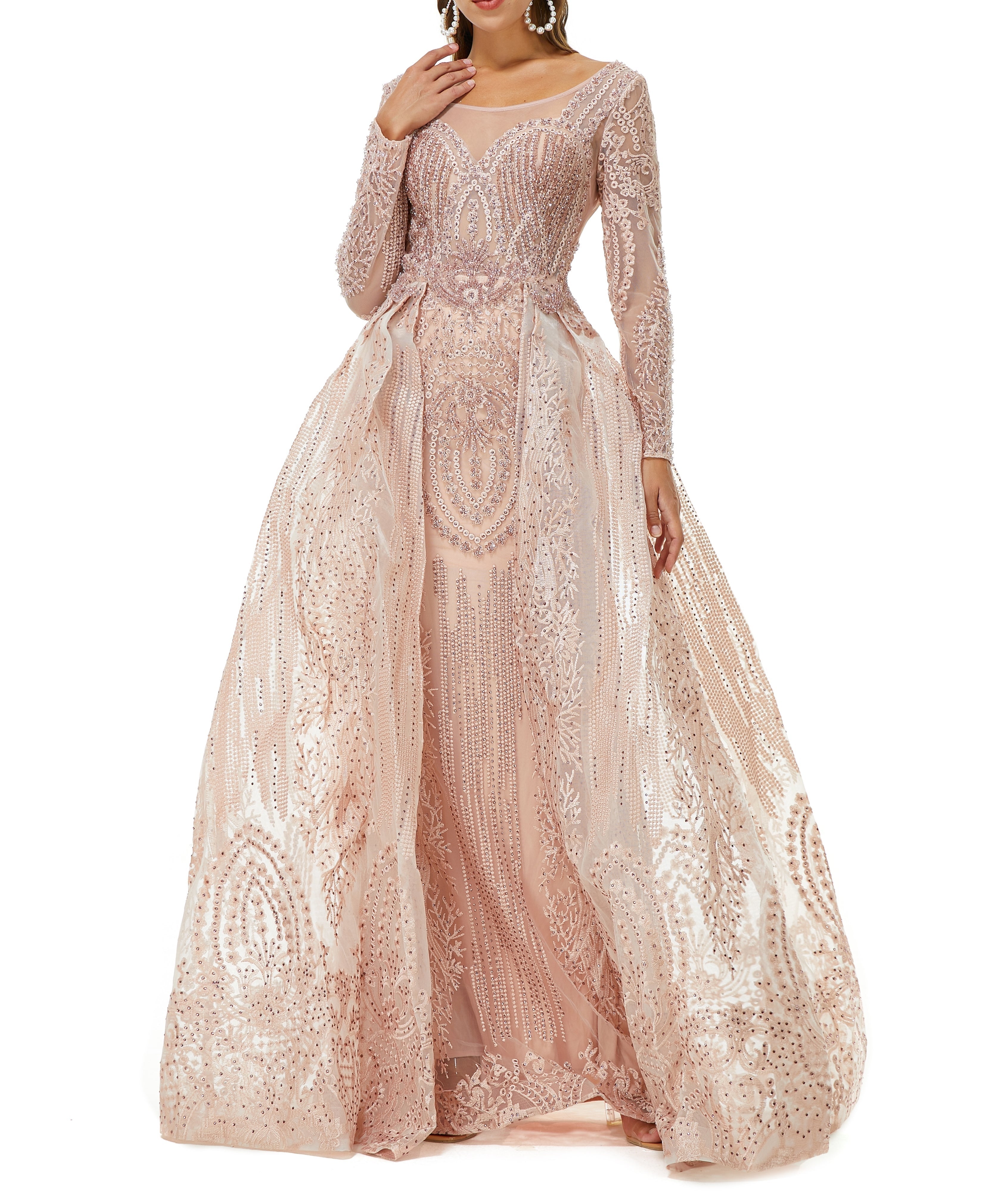 ombreprom Design | Champange Sparkle Beaded Long Sleeves Prom Dresses with Overskirt