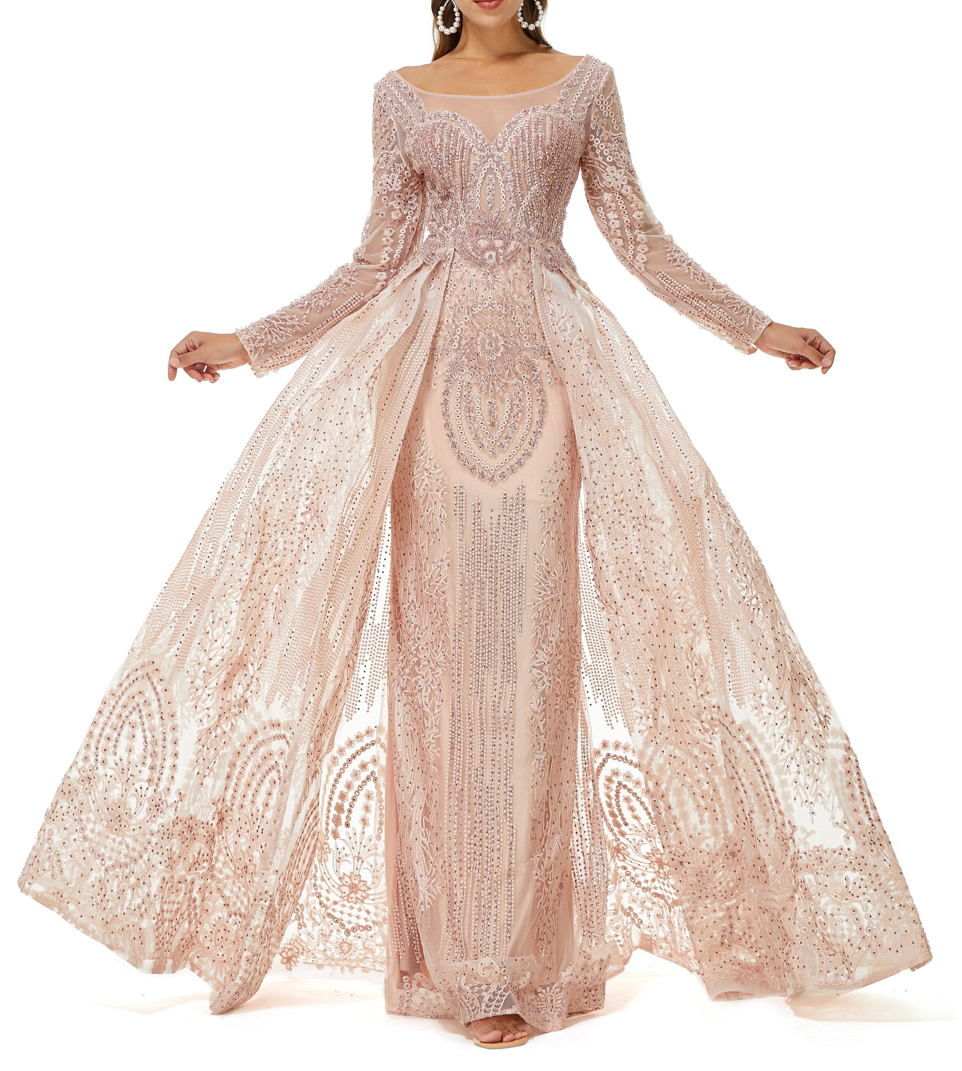 ombreprom Design | Champange Sparkle Beaded Long Sleeves Prom Dresses with Overskirt