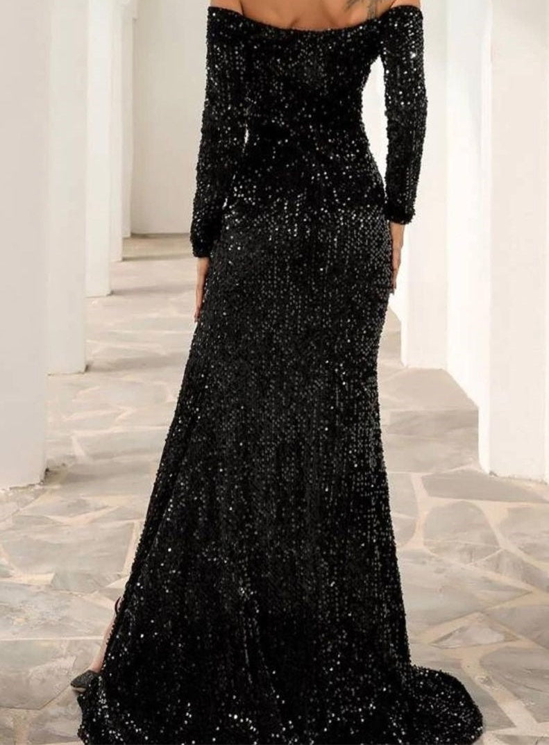 Stunning Off The Shoulder Black Prom Dress Sequined Front-Split Evening Gowns With Long Sleeves