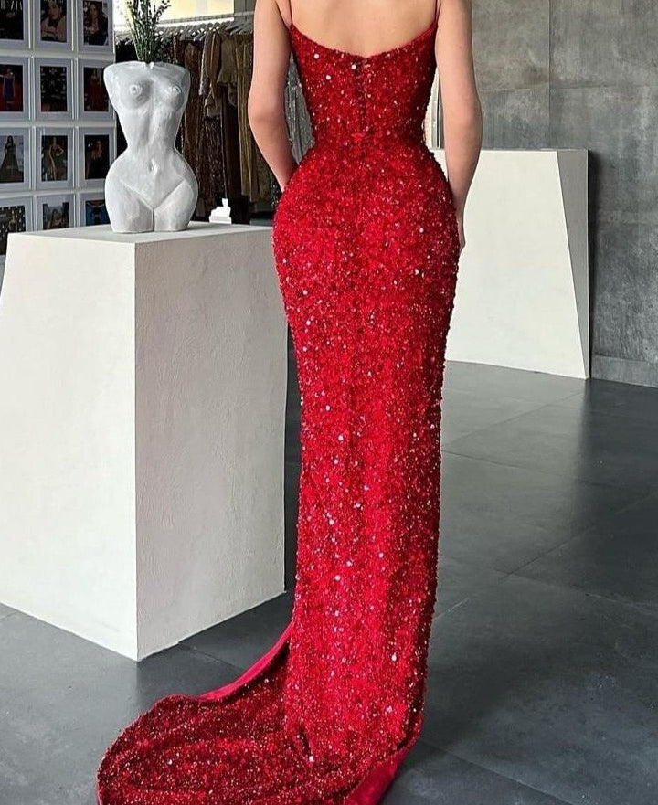 Burgundy Spaghetti-Straps Mermaid Prom Dress Long Sequins Evening Gowns With Split