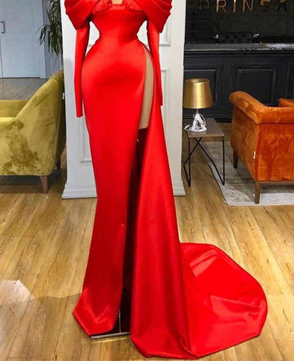 Red Off-the-Shoulder Long Sleeves Prom Dress Mermaid With High Split