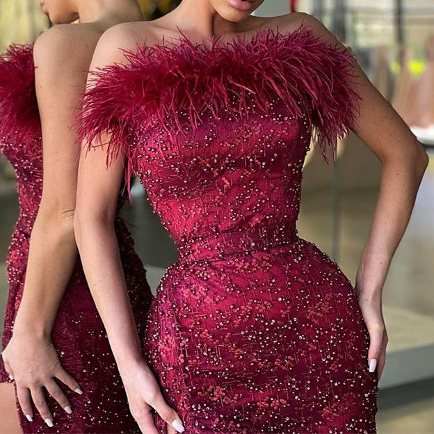 Burgundy Strapless Mermaid Prom Dress Slit With Sequins Beads Feather