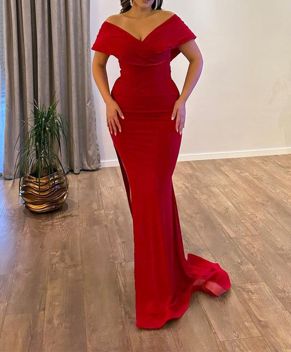 Elegant V-Neck Off-the-Shoulder Mermaid Ruby Prom Dresses Long Slit Online
