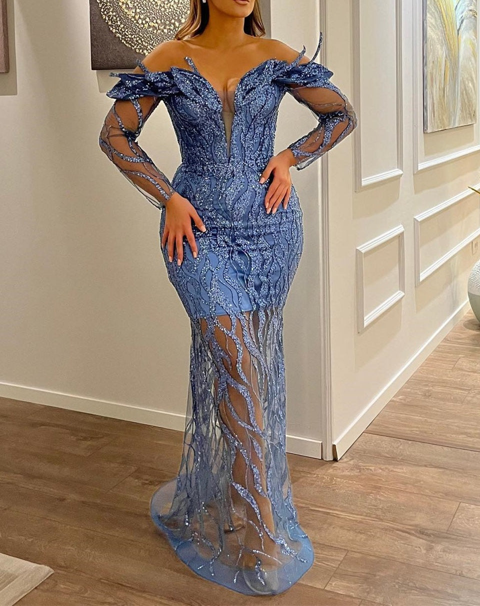 Classic V-Neck Long Sleeves Sheath Mermaid Lace Prom Dresses