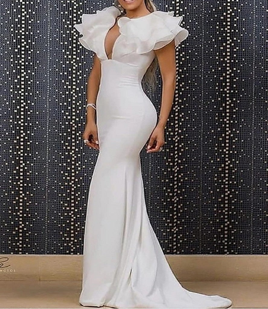 Charming Long White Mermaid V-neck Sleeveless Prom Dresses With Ruffles Long