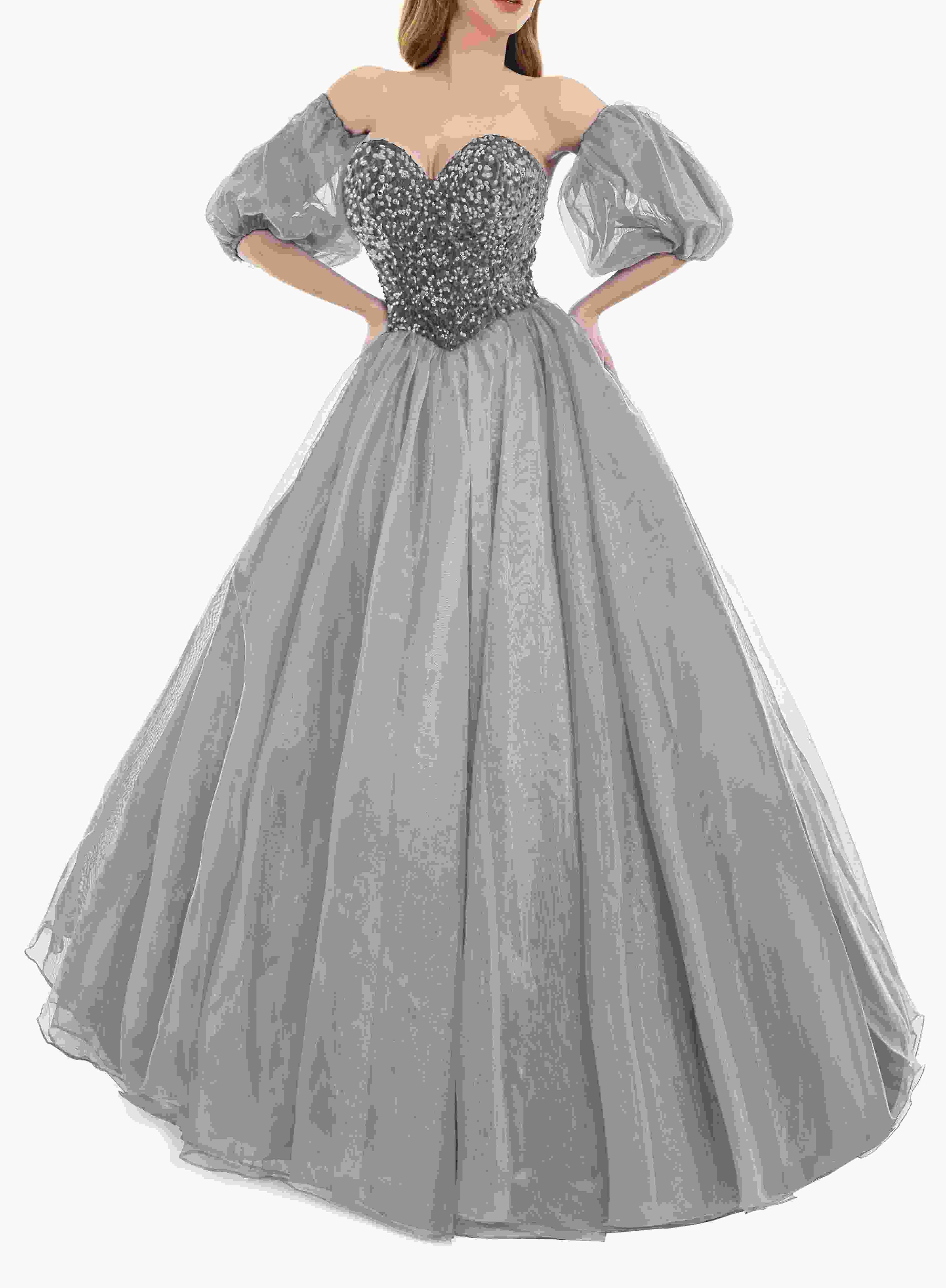 Sweetheart Royal Blue Bubble Sleeves Ball Gown Beaded Prom Dresses