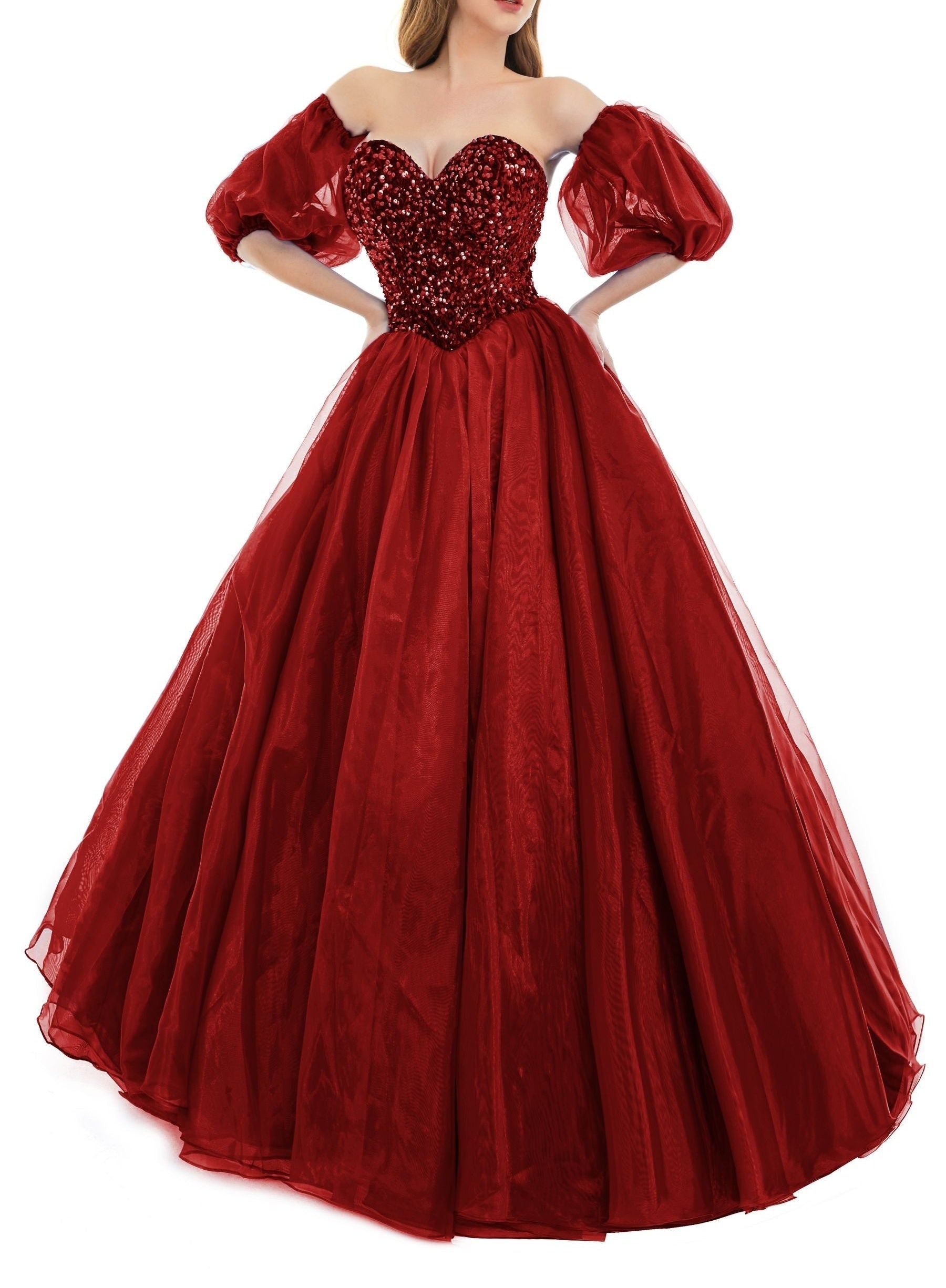 Sweetheart Royal Blue Bubble Sleeves Ball Gown Beaded Prom Dresses