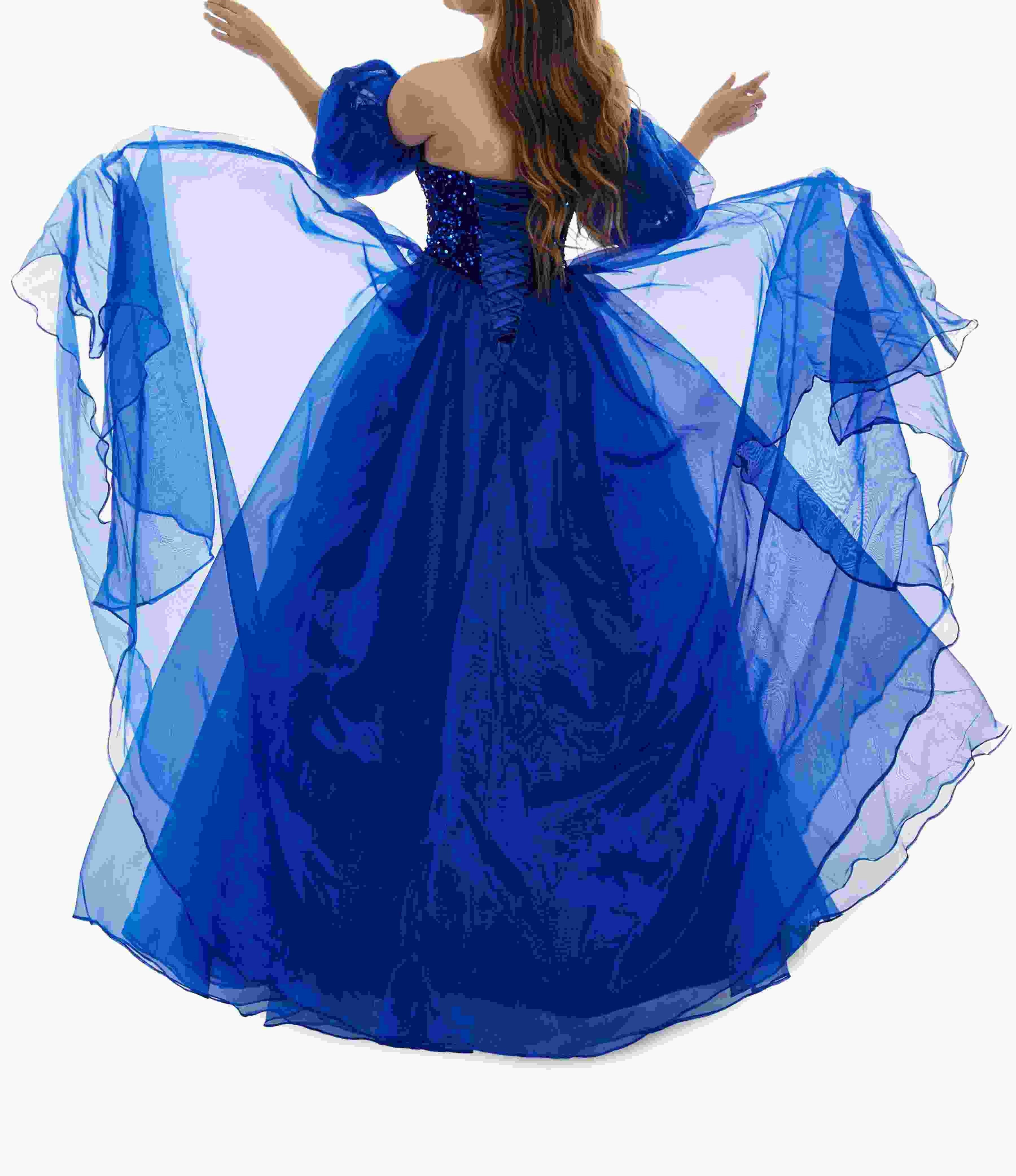 Sweetheart Royal Blue Bubble Sleeves Ball Gown Beaded Prom Dresses
