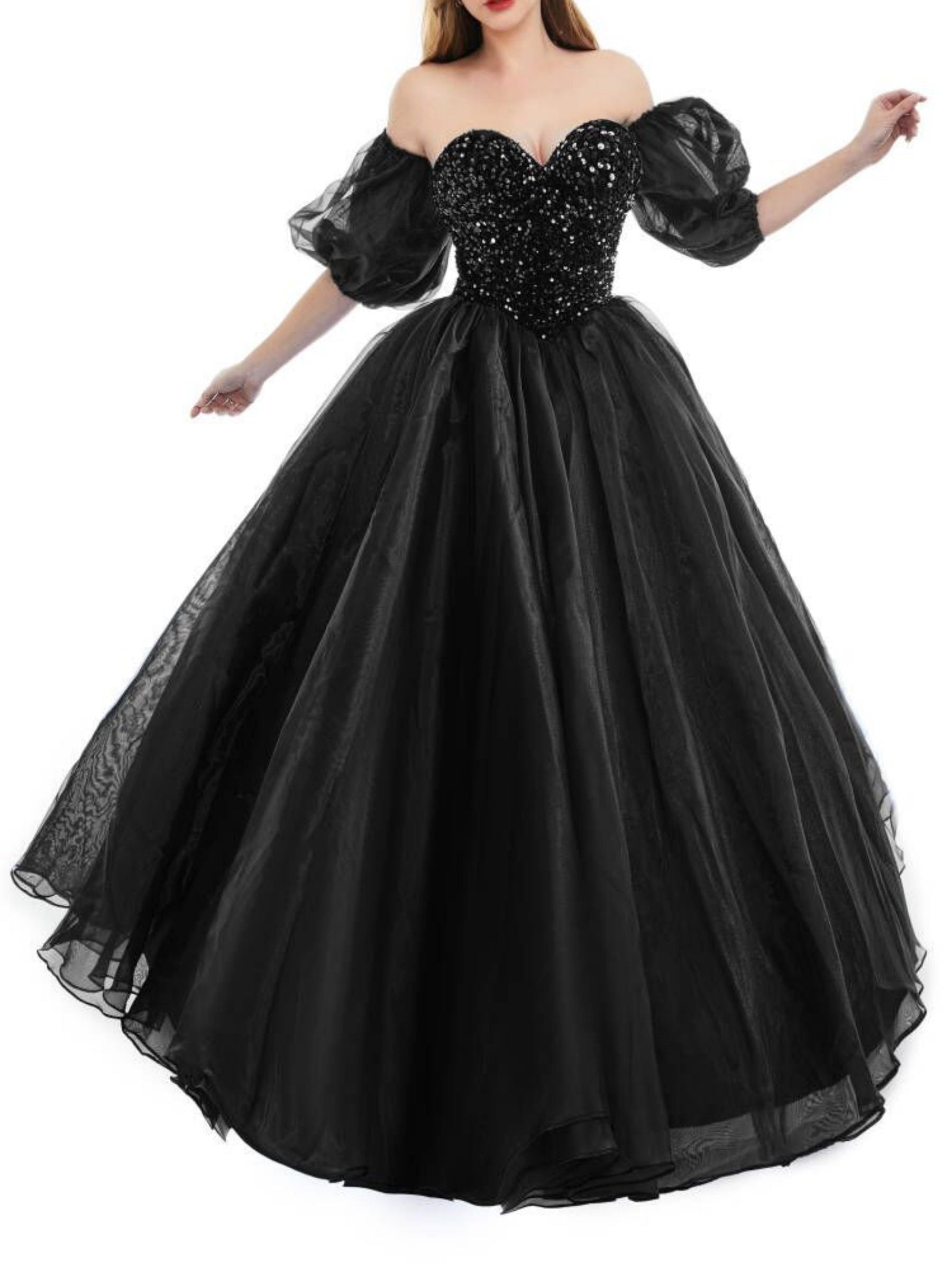 Sweetheart Royal Blue Bubble Sleeves Ball Gown Beaded Prom Dresses