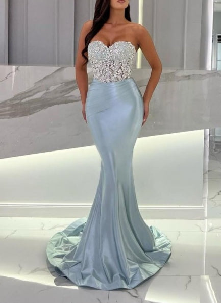 ombreprom Mermaid Sky Blue Stain Sleeveless Sweetheart Long Prom Dress with Beadings