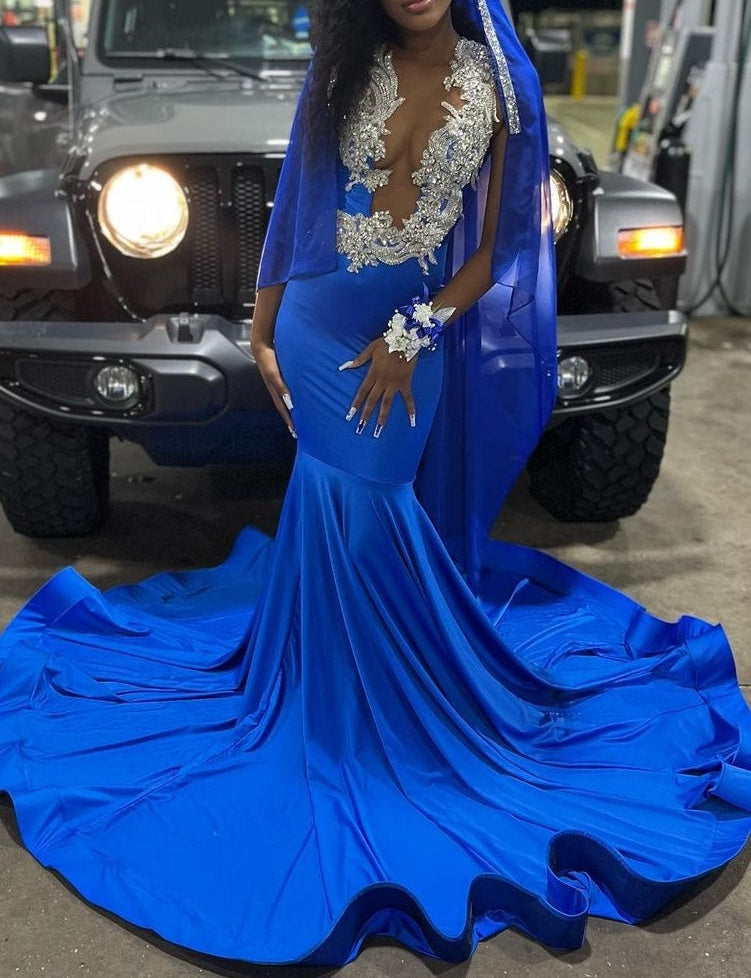 Royal Blue Deep V-neck Mermaid Court Train Long Prom Dresses