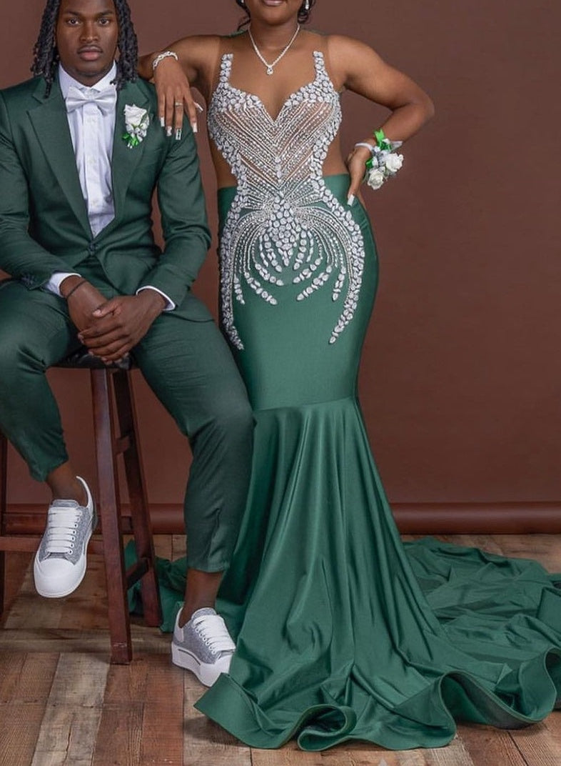 Dark Green Mermaid Floor length Prom Dresses with Silver Beads