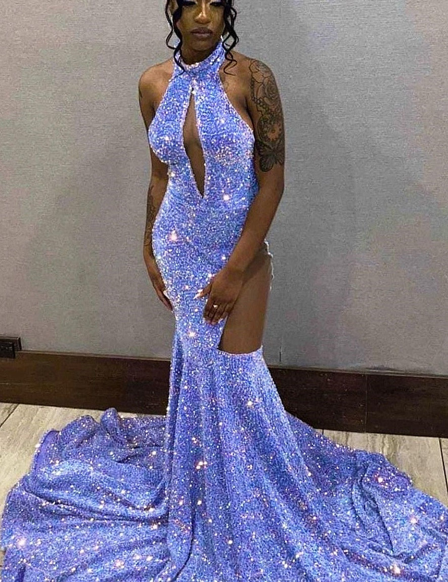 Halter Sequin Lavender Keyhole Mermaid Prom Dresses with Cutout