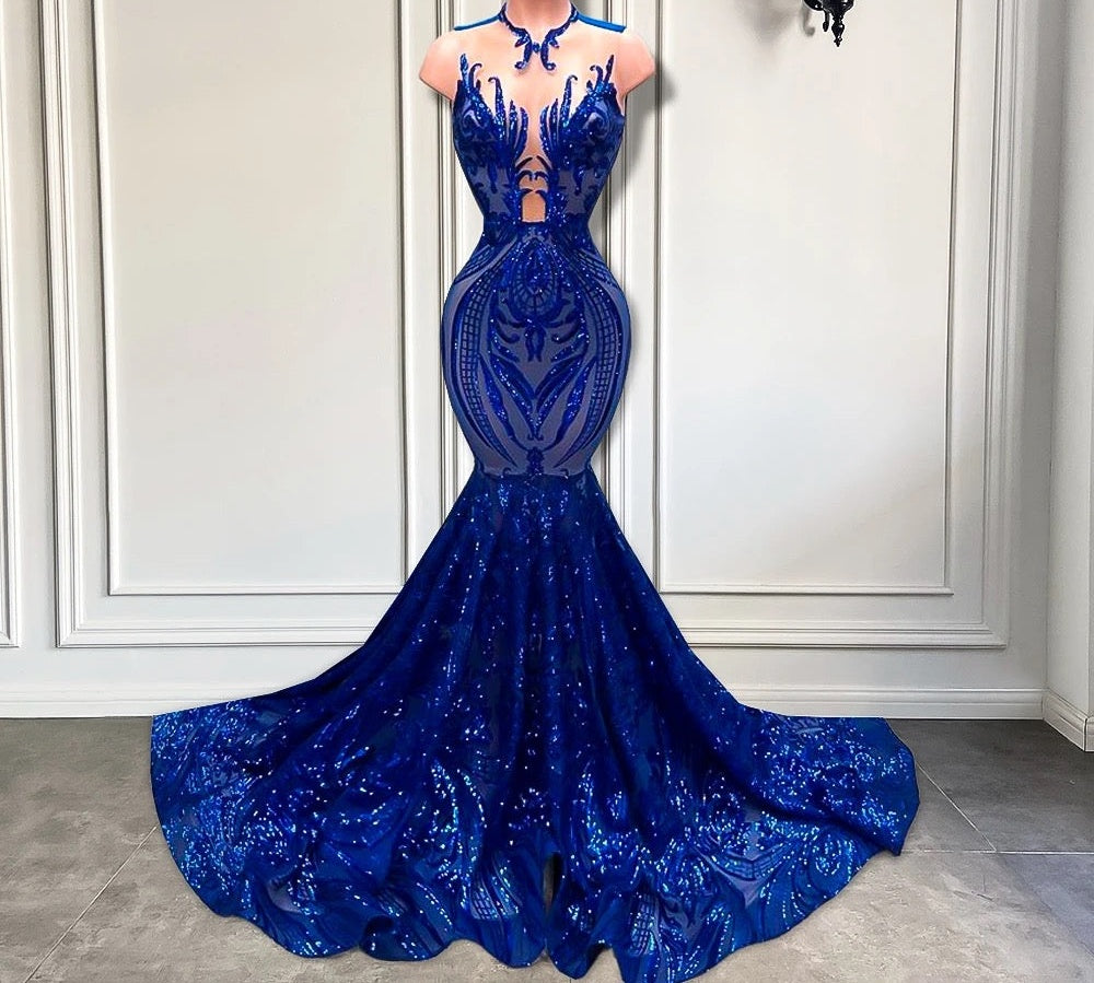 Sequins Royal Blue Sleeveless Mermaid Prom Dress