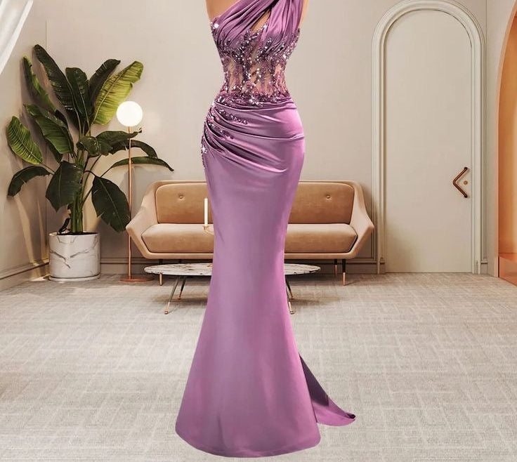 Lilac One Shoulder Mermaid Prom Dress with Beads