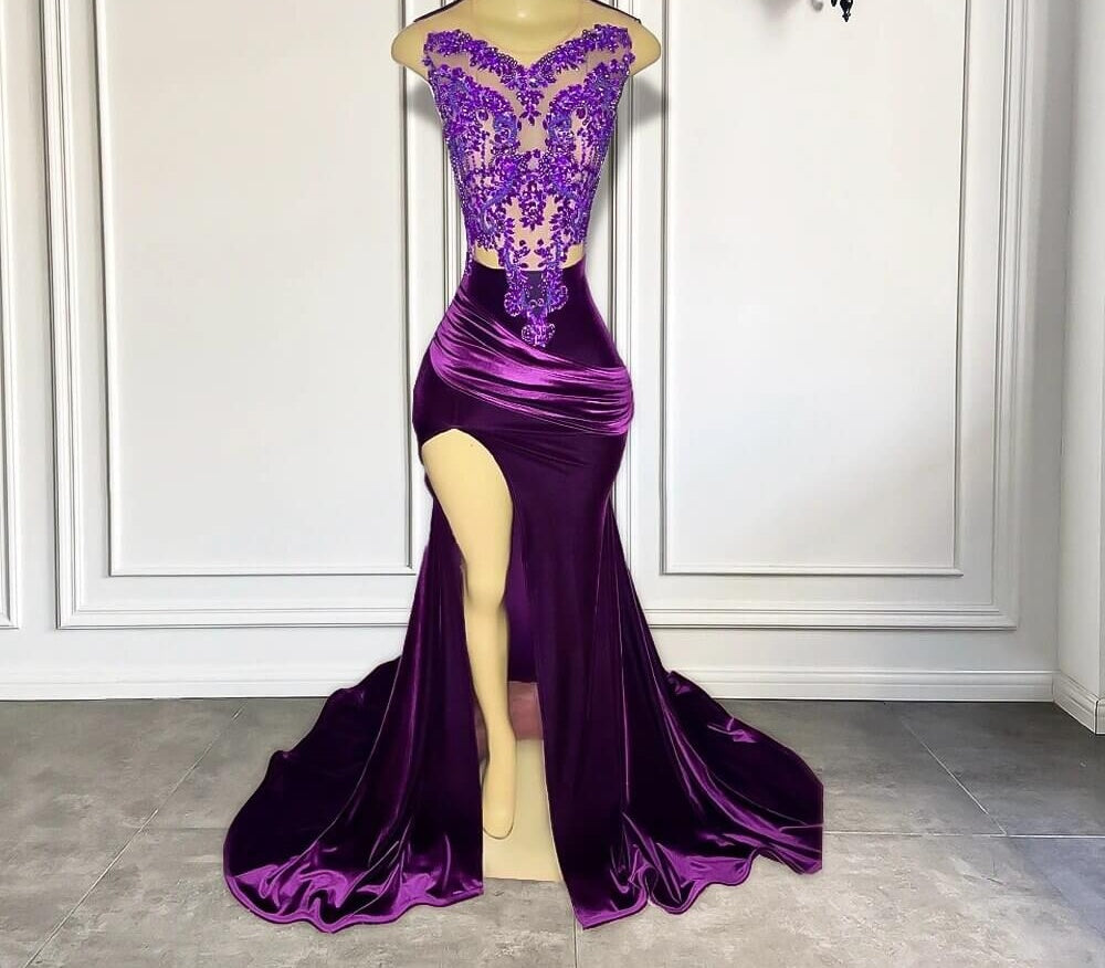 Purple Sleeveless Mermaid Prom Dress with Split Appliques