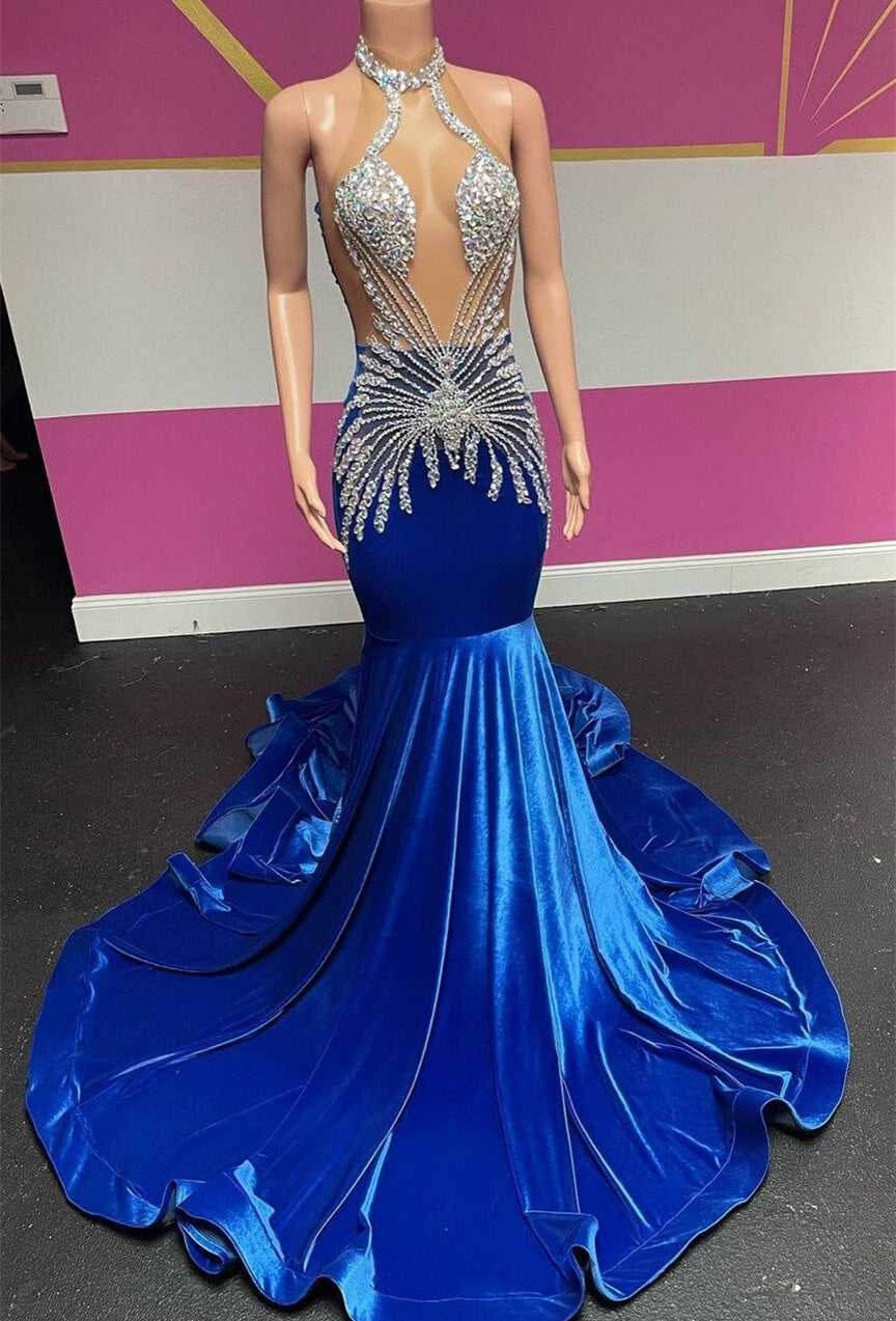 Royal Blue Halter Sleeveless Mermaid Prom Dresses With Beadings Velvet