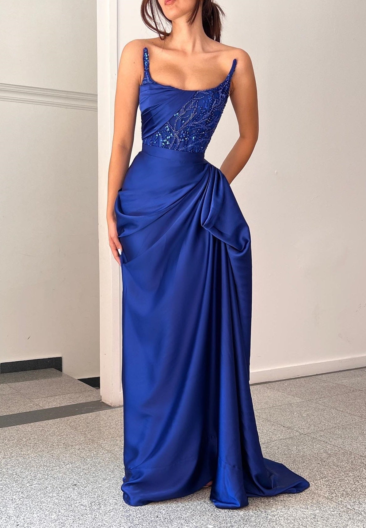 Classic A-line Ruffles Sleeveless Square Satin Oceanblue Prom Dress