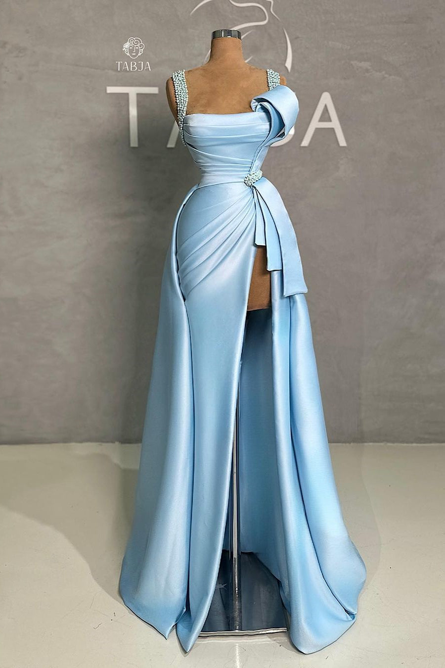 Classic Long Blue A-line Straps Pearls Sleeveless Prom Dress With Slit