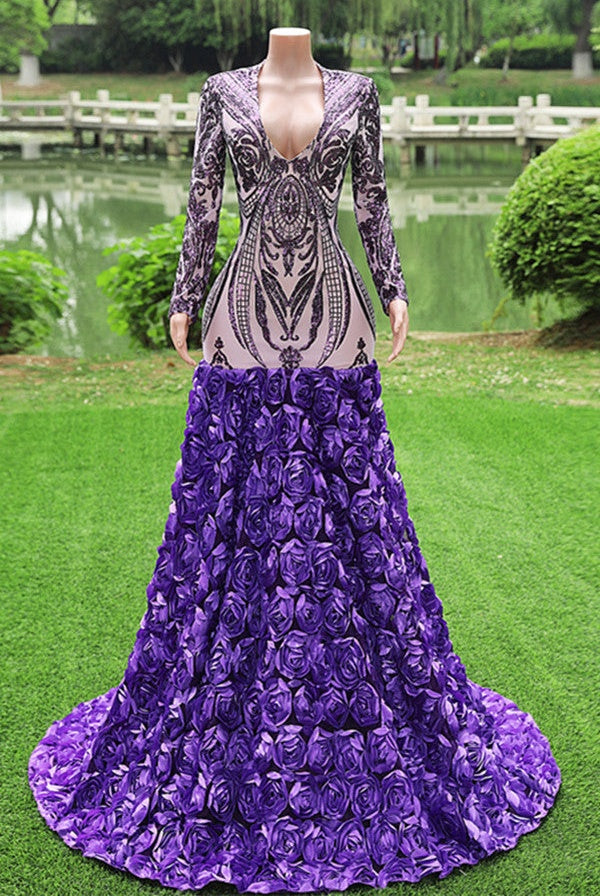 Gorgeous Purple Long Sleeves V-Neck Prom Dress Sequins With Flowers