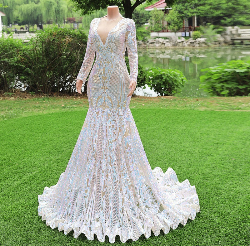 Gorgeous Long Sleeves V-Neck Prom Dress Mermaid Long With Sequins