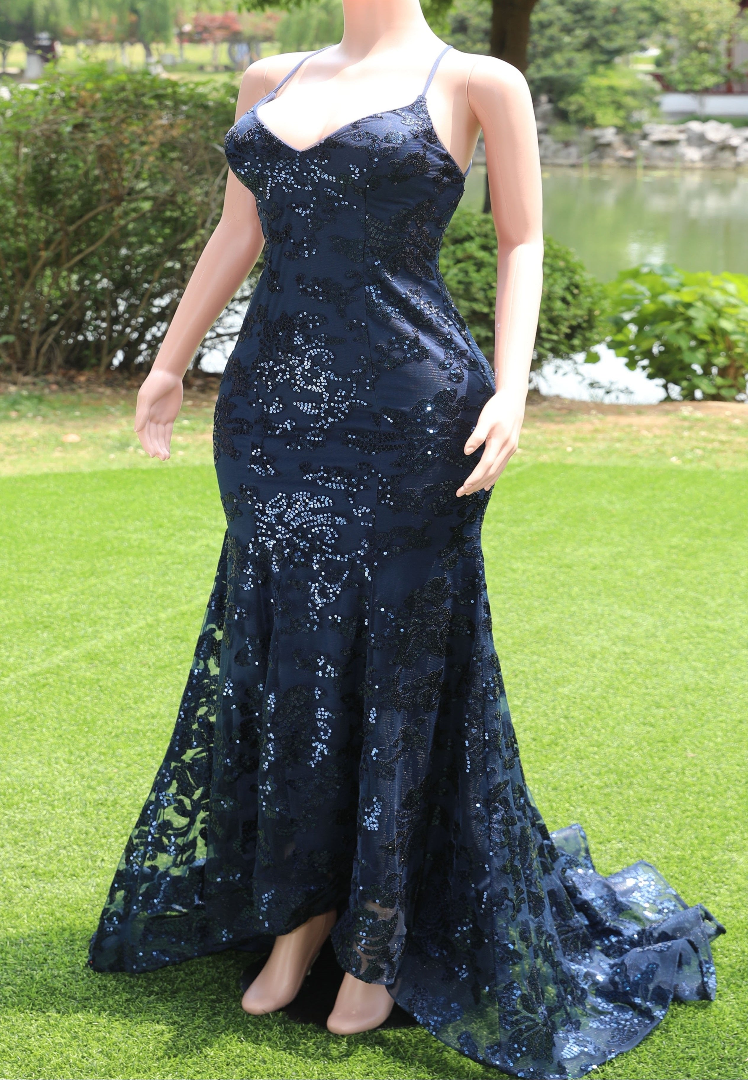 Navy Blue V-neck Mermaid Tulle High Split Prom Dresses