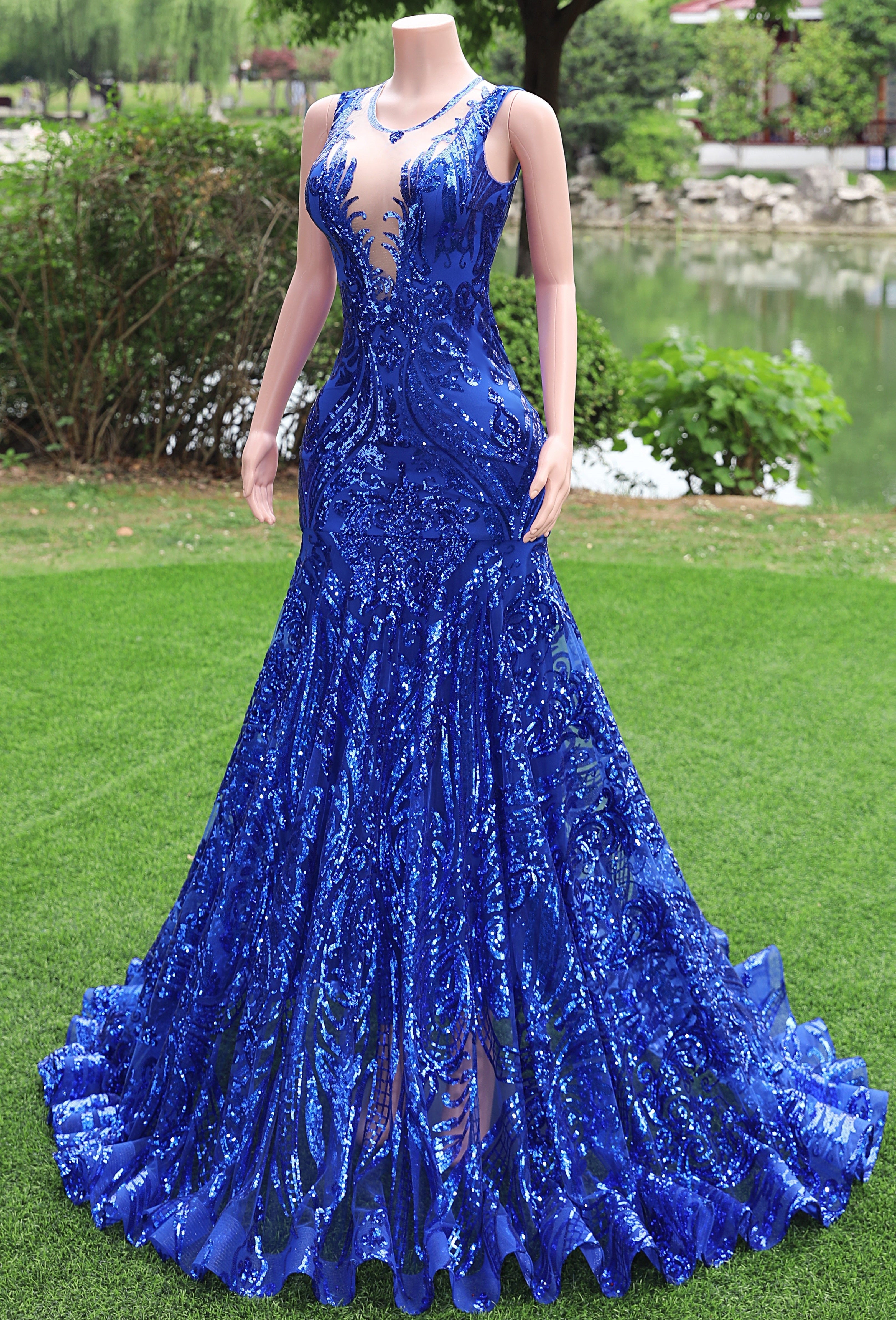 Round neck Royal Blue Mermaid Sequin Sparkle Prom Dresses