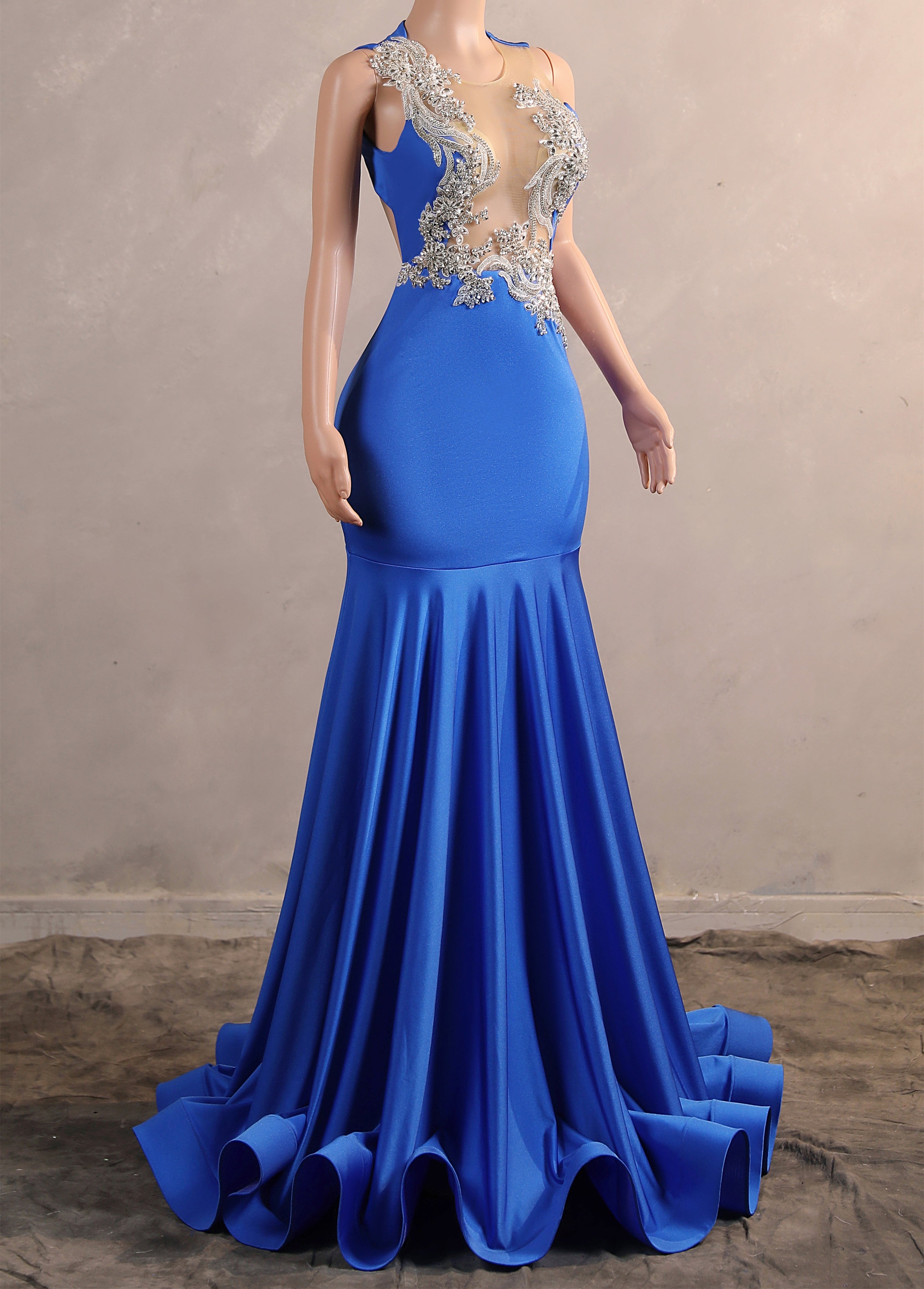Silver Appliques Blue Satin Mermaid Sleeveless Prom Dresses