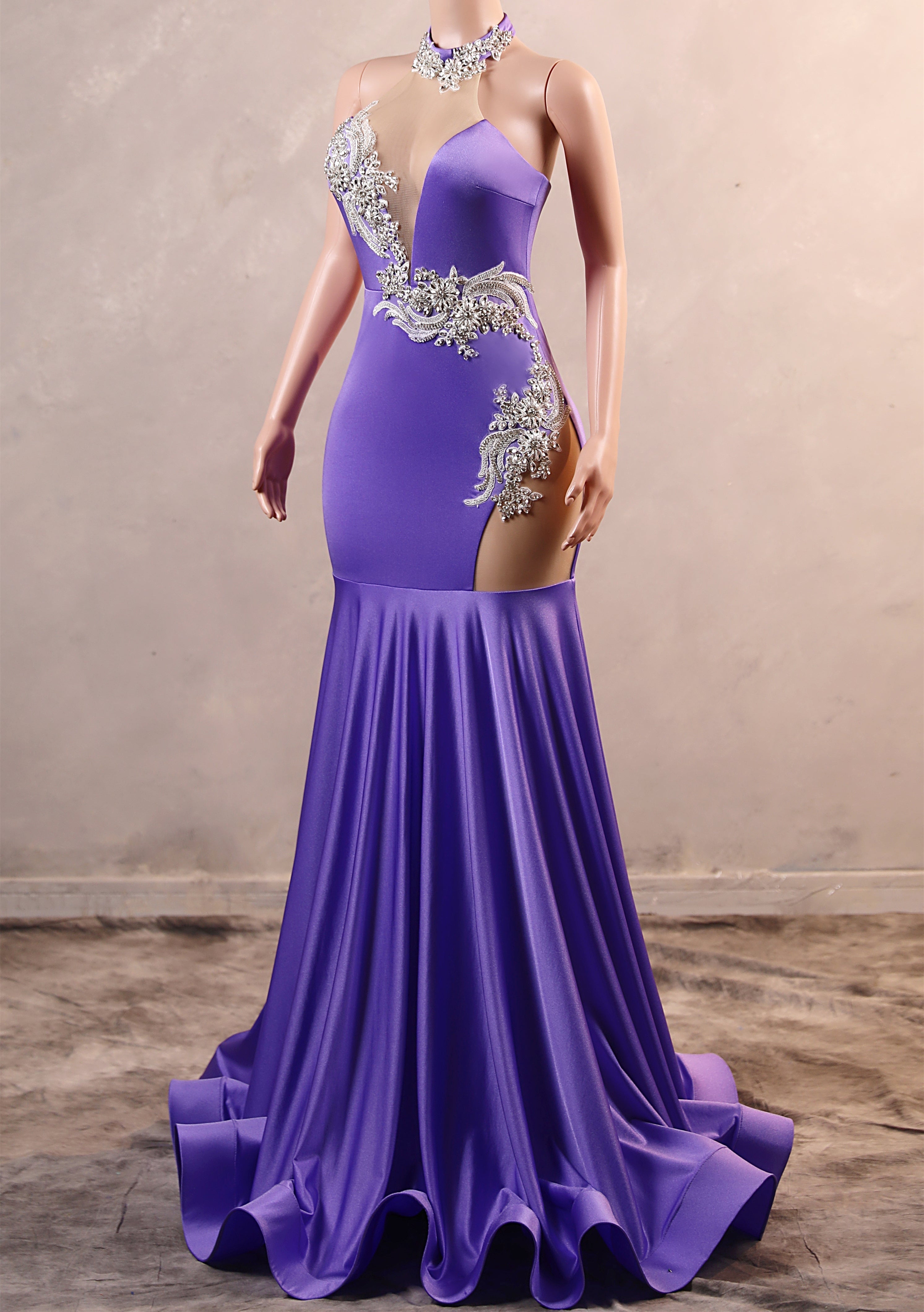 Lilac High neck Silver Applqiues Mermaid Satin Prom Dresses