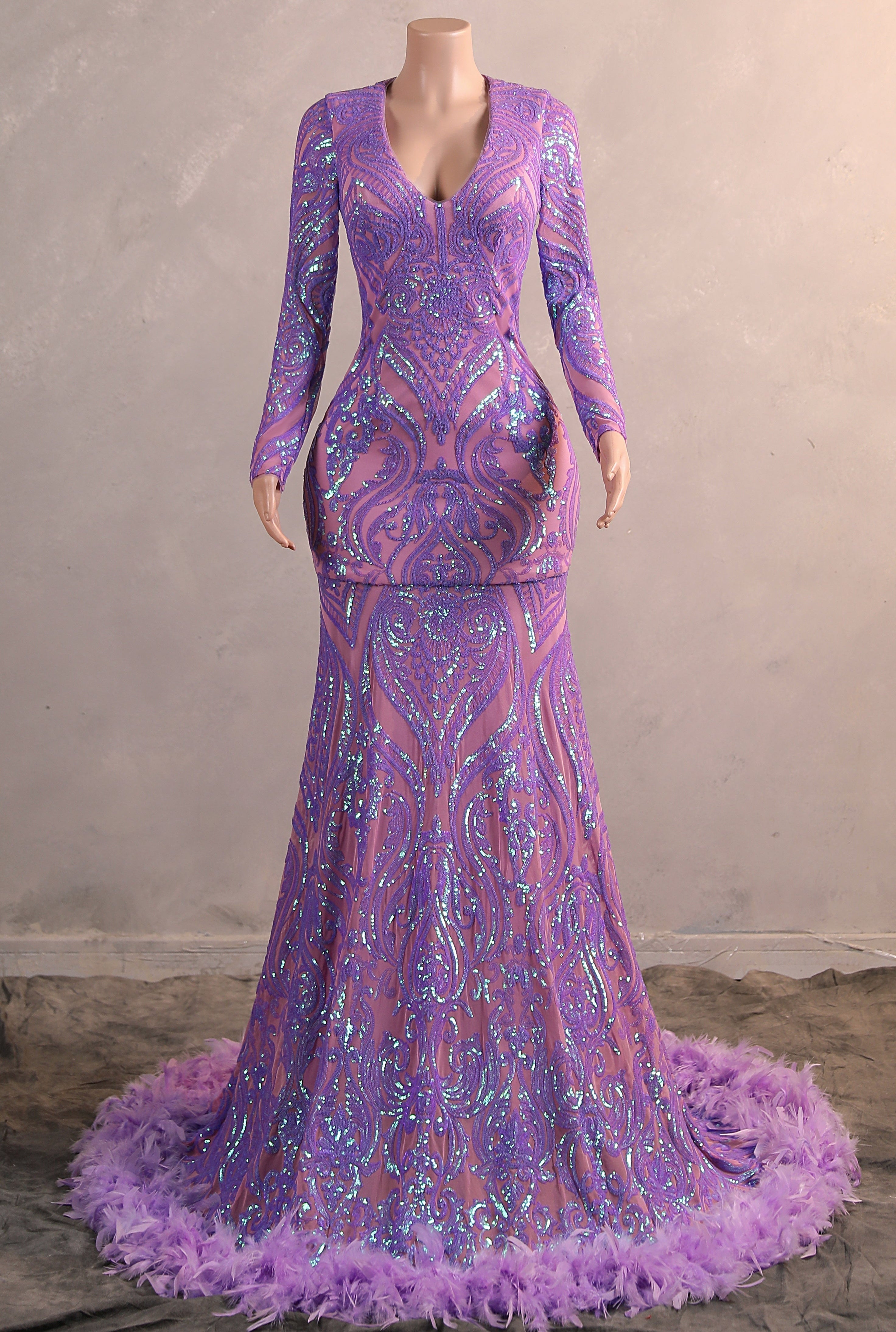 Long sleeves Feather Lilac Sequin Sparkle Mermaid Prom Dresses