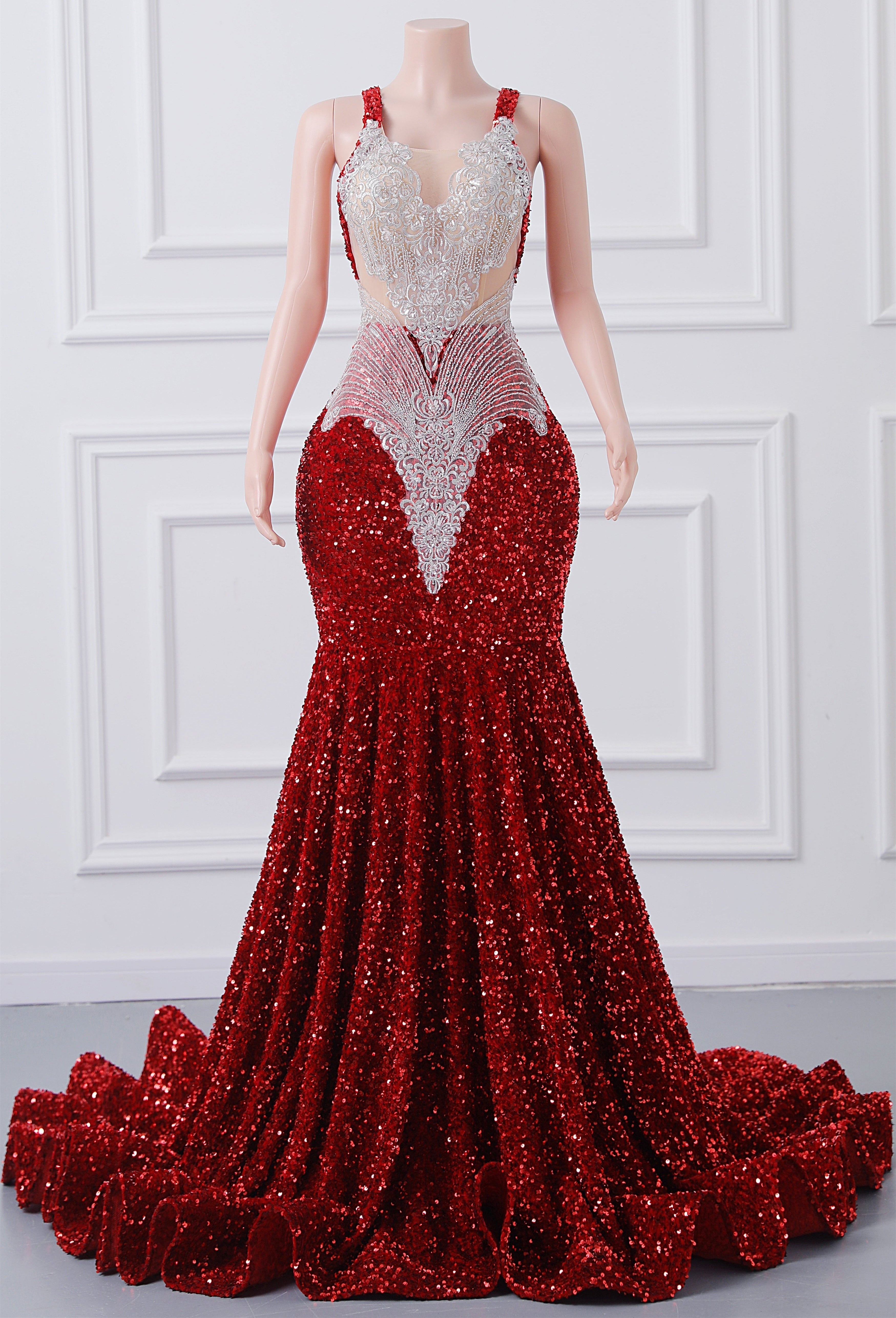 Burgundy Sequin Mermaid Silver Beaded Court Trian Prom Dresses