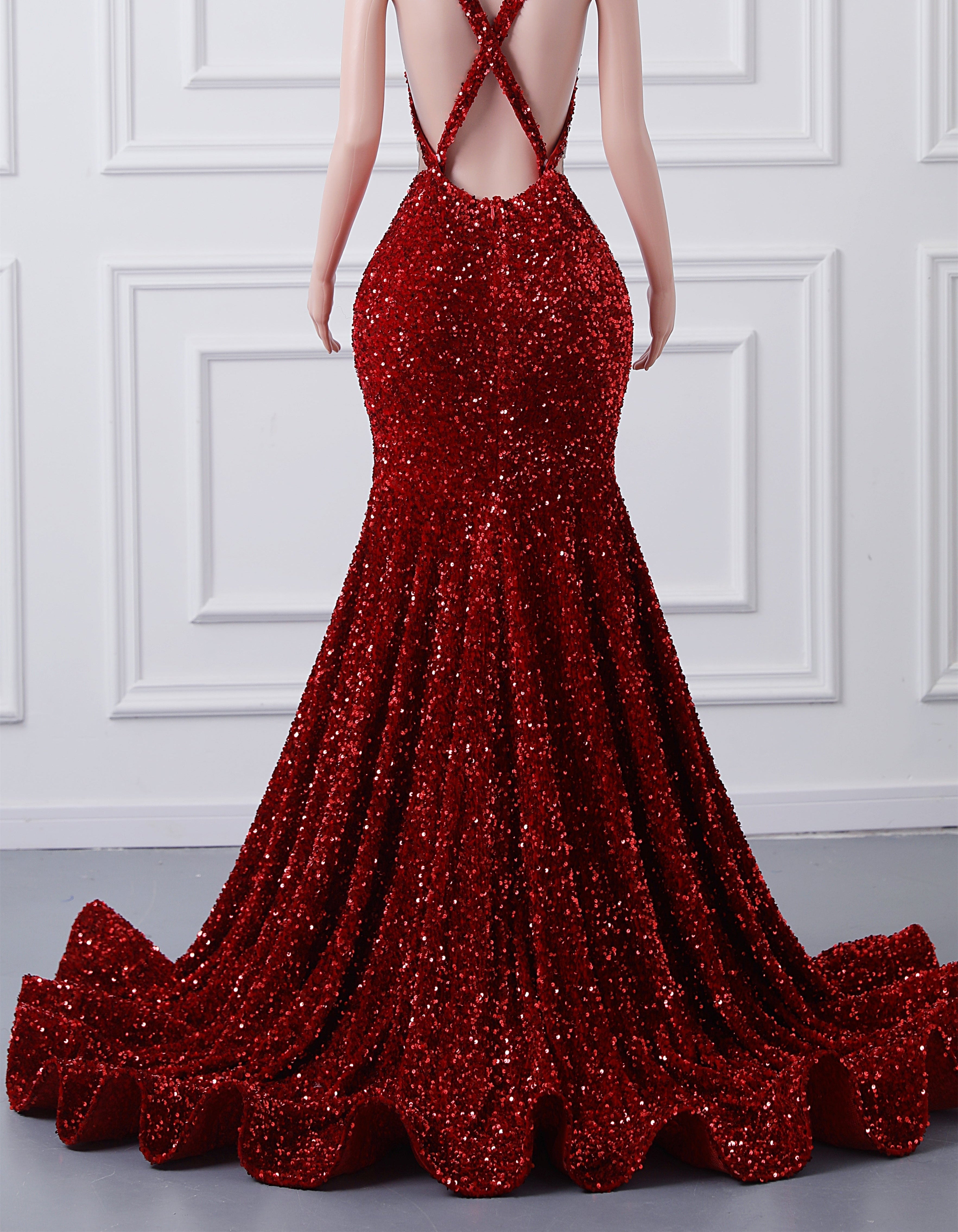 Burgundy Sequin Mermaid Silver Beaded Court Trian Prom Dresses