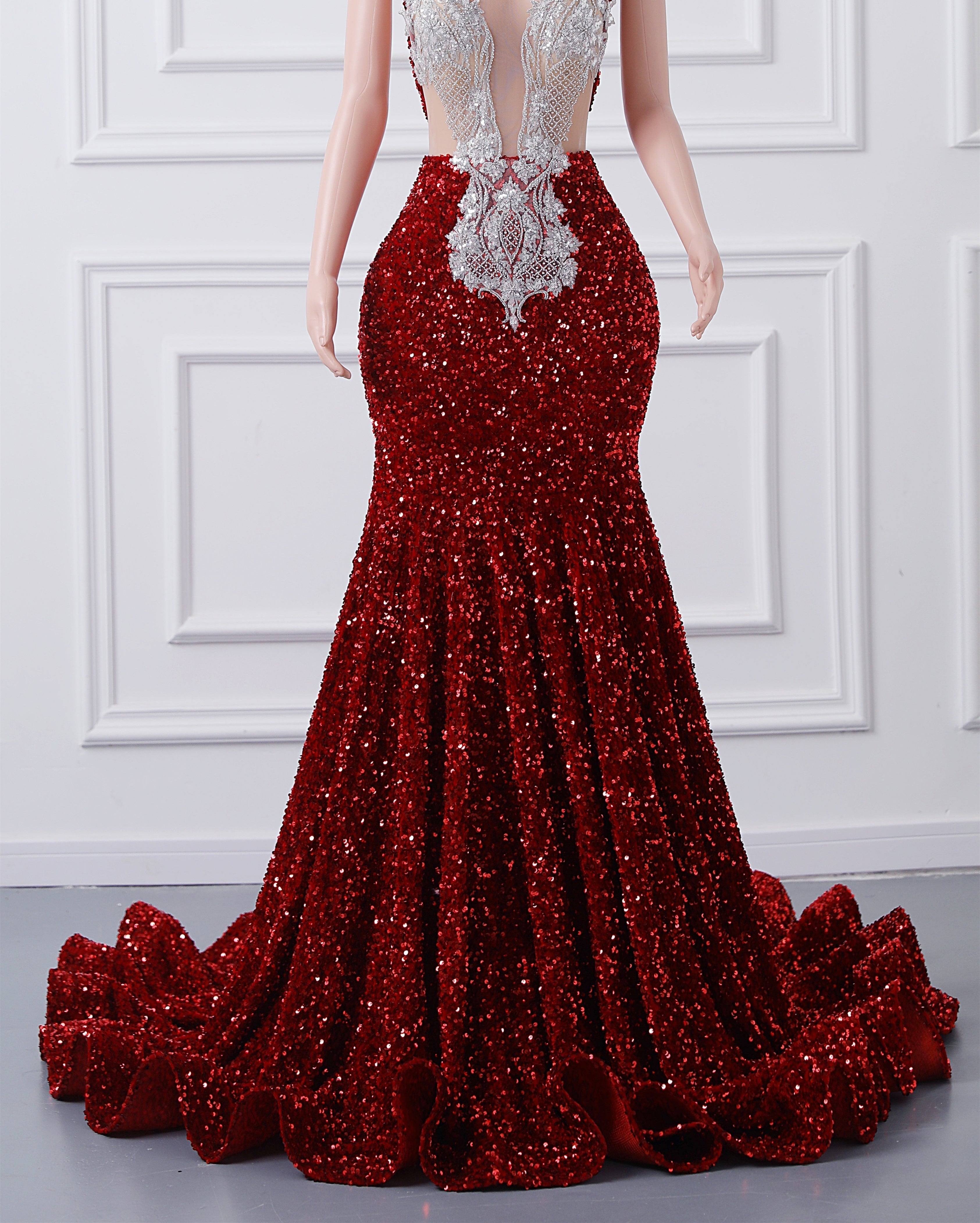 Luxury Burgundy Sequin Mermaid Silver Beaded Court Trian Prom Dresses