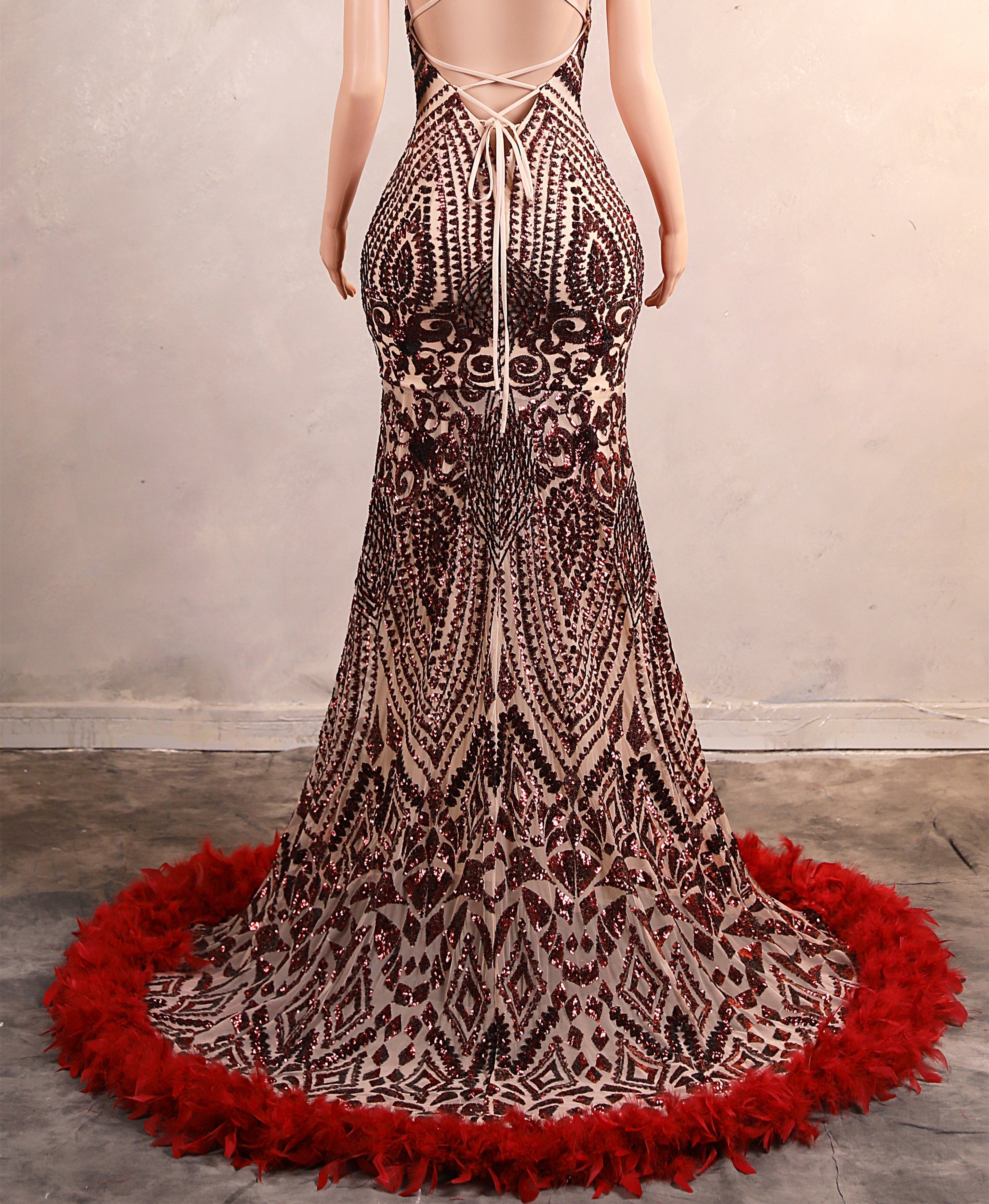Halter Sequined Sparkle Burgundy Feathers Mermaid Prom Dresses