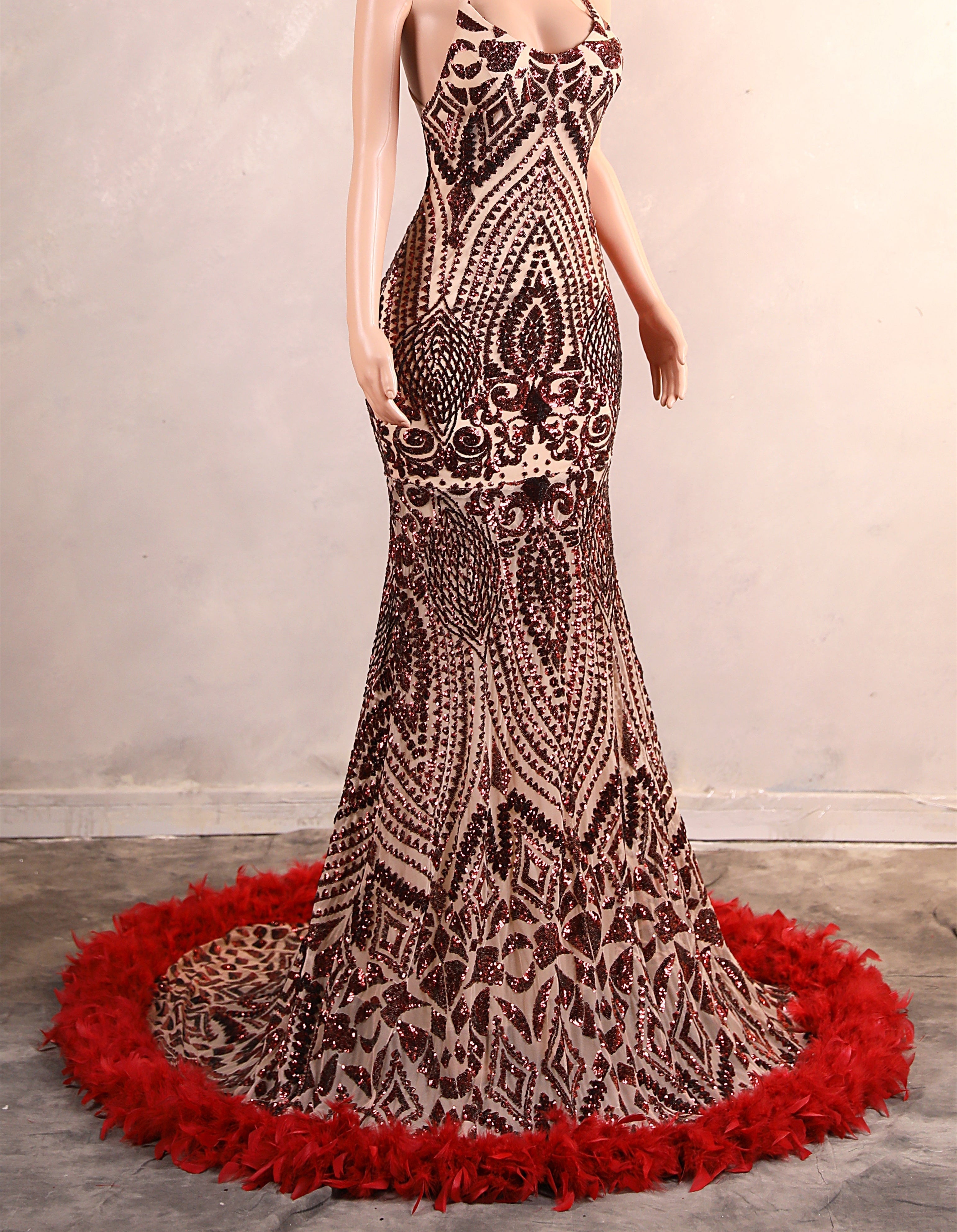 Halter Sequined Sparkle Burgundy Feathers Mermaid Prom Dresses