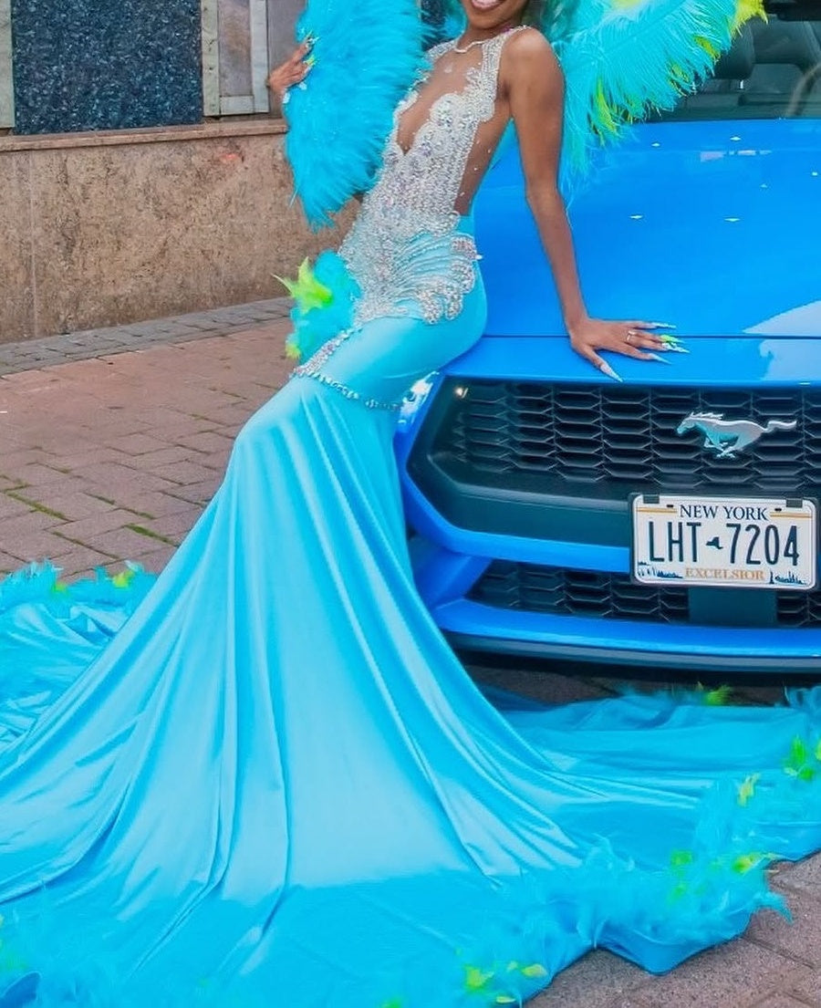 Elegant Blue Silver Sequined Feathers Mermaid Long Prom Dresses